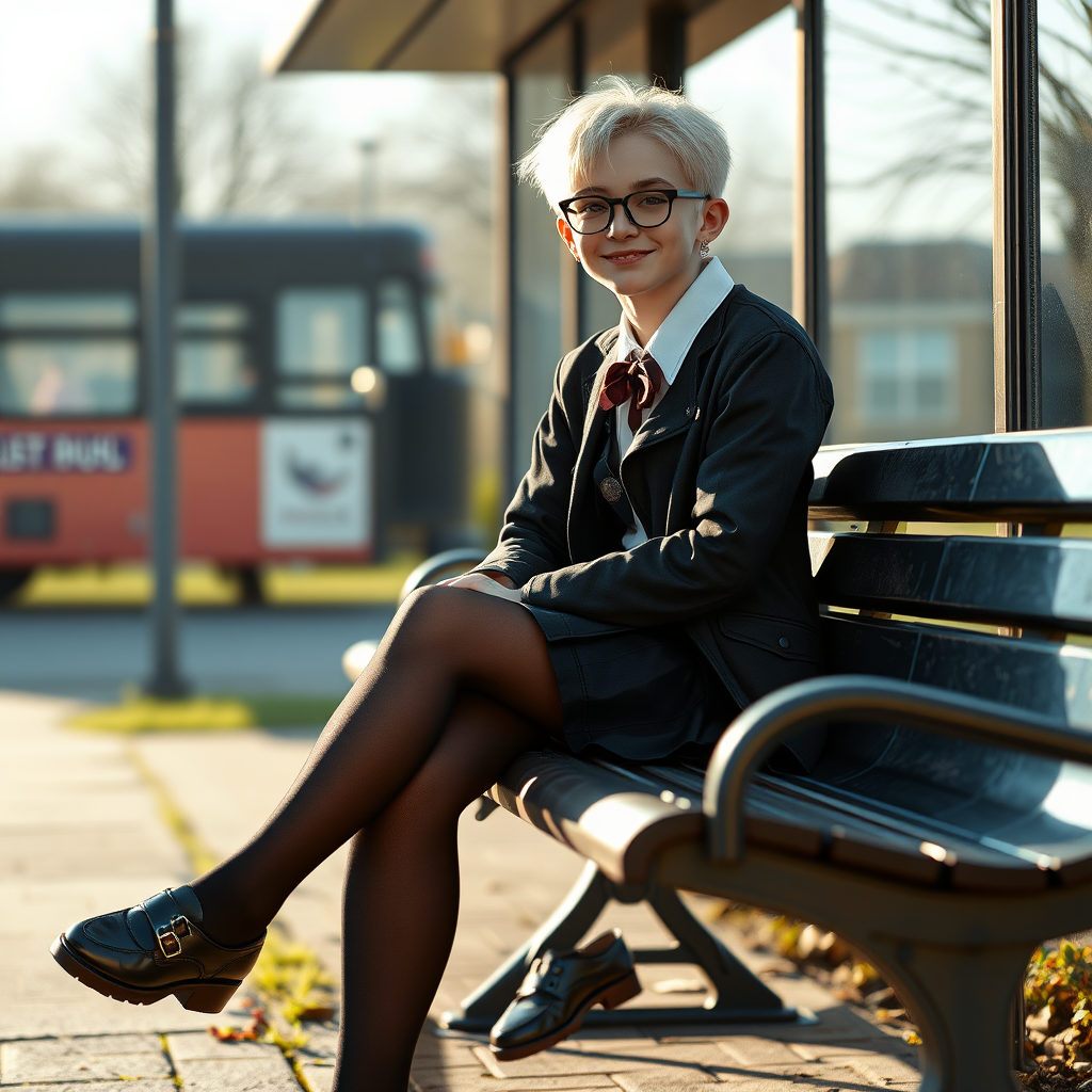 photorealistic, ultra high resolution, 16K, surreal fantasy, soft studio lighting, a pretty 18 year old goth male, slim male physique, short blonde hair, black glasses, goth makeup, earrings, shiny black pantyhose, UK girls-school uniform, Mary-Jane shoes, sitting on his boyfriends lap on a bench waiting for the school bus, in daylight, excited smile, facing the camera.