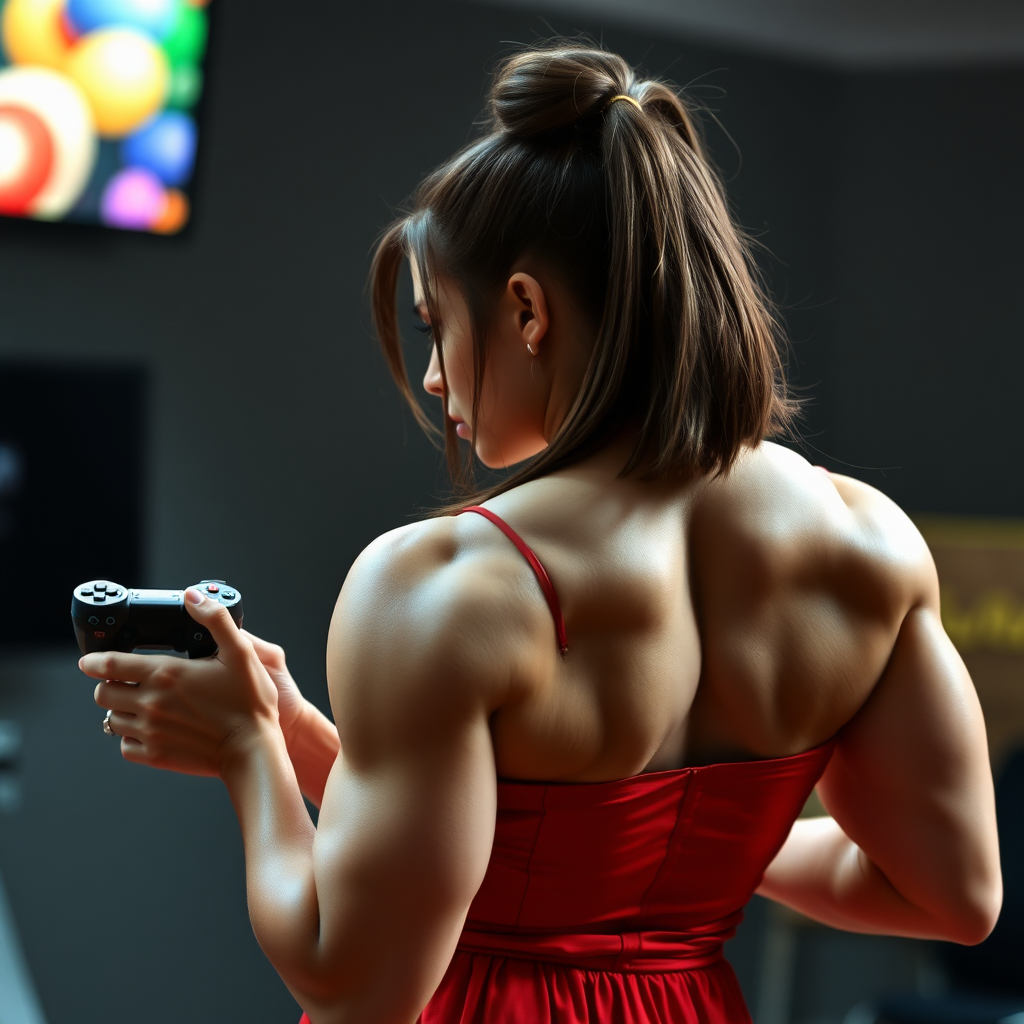 massive huge jacked muscular strong girl bodybuilder, sleeveless dress, playing playstation, back