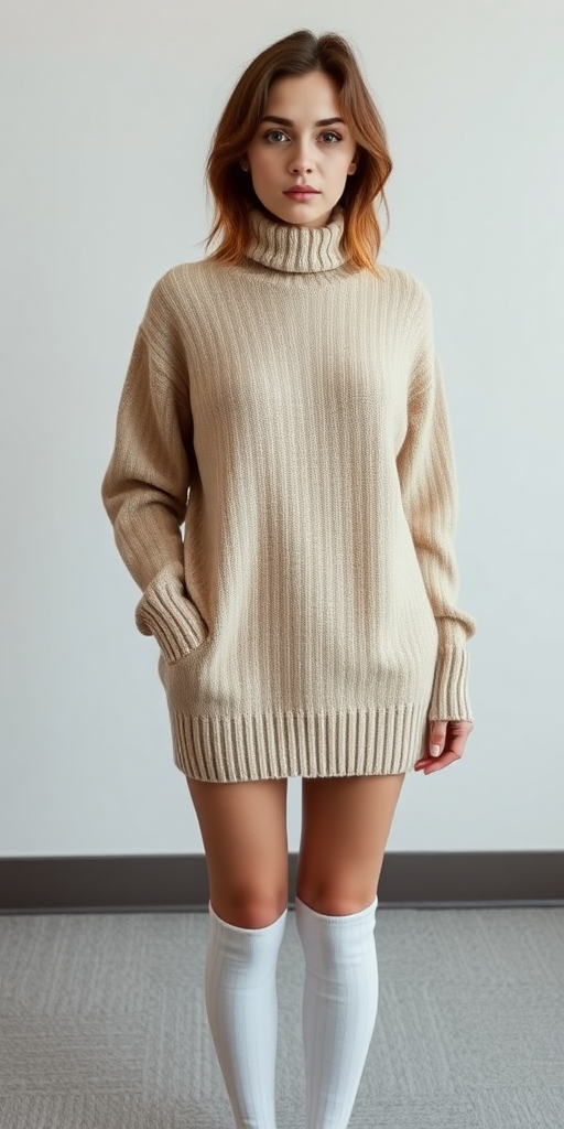 A fullbody photo of a petite white 18 year old woman wearing a baggy turtleneck sweater dress and thigh high socks