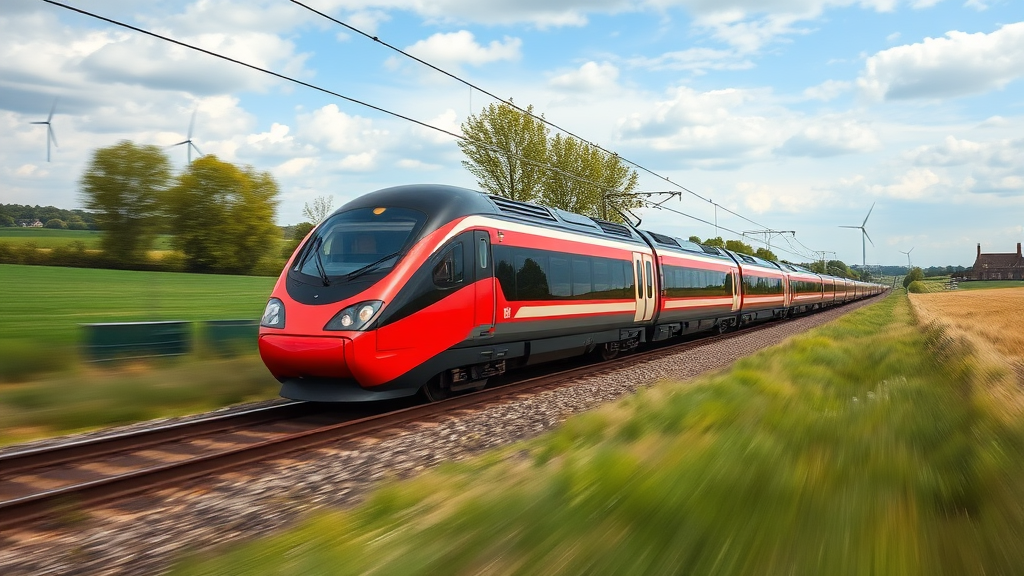 a high speed train similar to the TGV or bullet train moving at high speed through the english countryside - there are wind turbine visible in the distance - we see at least three carriages of the train