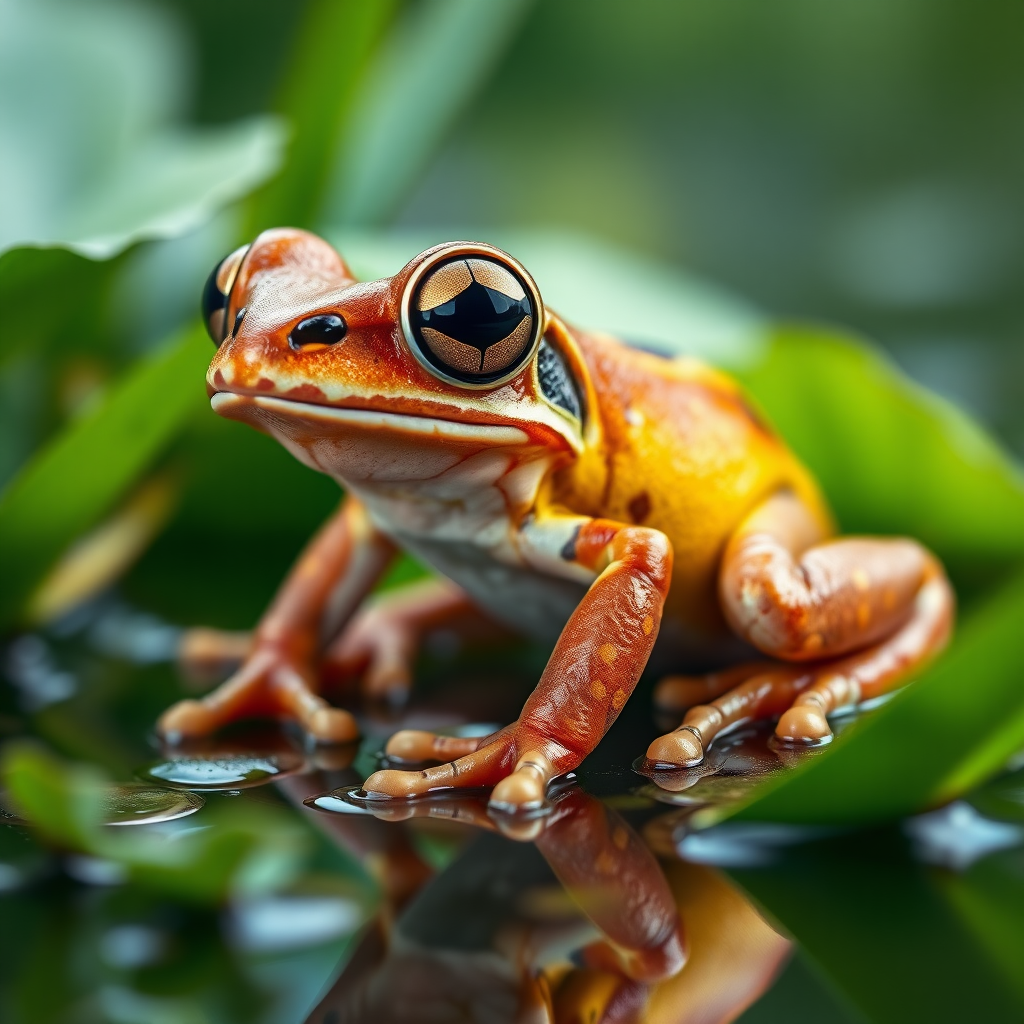 Create a captivating, full-length image of a frog with a unique horsefly-shaped body. The frog should exhibit vibrant colors and intricate textures, showcasing the nuances of its skin and features. The setting should reflect a natural habitat, with lush greenery and subtle water reflections. Capture the essence of wildlife photography by focusing on sharp details, dynamic angles, and the interplay of light and shadow. Emphasize the frog’s bulging eyes and the intricate patterns on its body. The final image should evoke a sense of wonder and admiration for this fantastical creature in its serene environment.