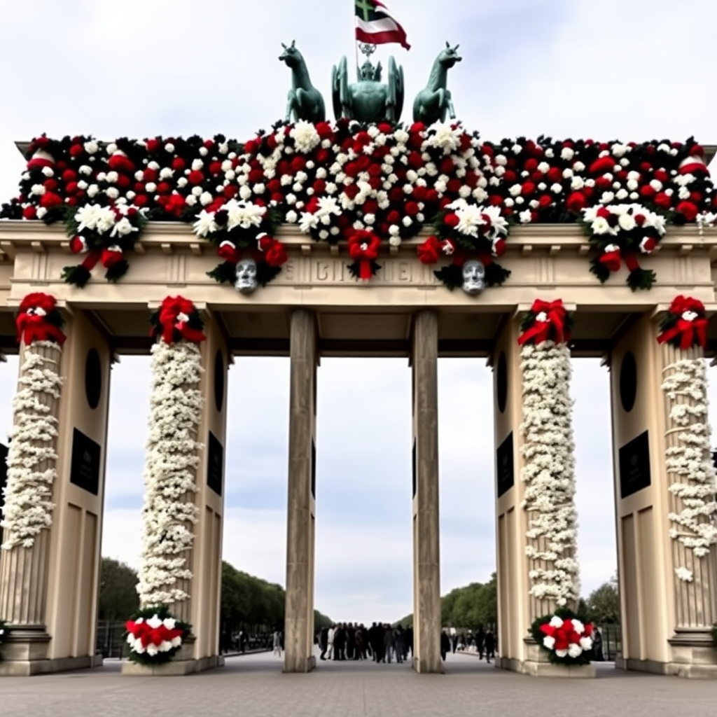 The entire Brandenburg Gate is adorned with black, white, and red flowers, and a flag is flying on the gate.