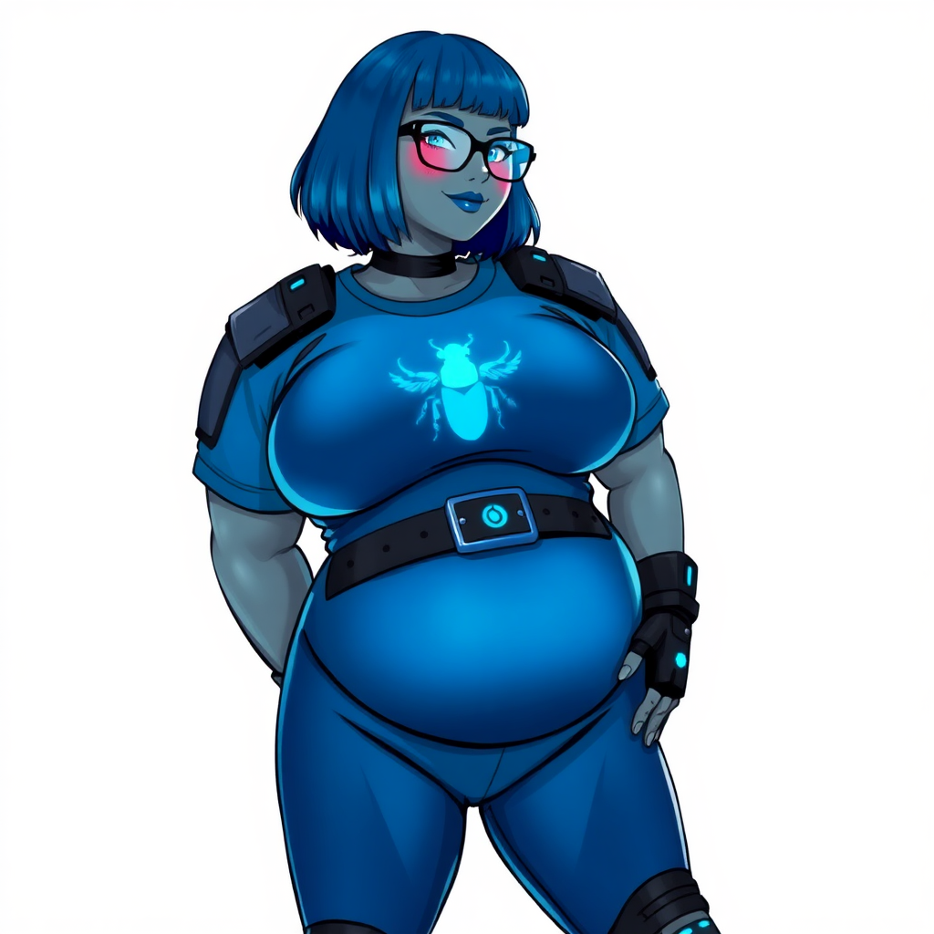 A 28-year-old, full-figured, middle gray skinned computer program hybrid with a maximum blue bob cut. She has a non-athletic build, highlighted by a prominent, round, large midsection (with emphasis on her belly), which shows the aftermath of her pampering. As the heavily pampered digital sidekick to her cyberpunk vigilante boyfriend, her middle gray metallic skin and maximum blue lipstick emphasize her digital nature. She wears a digital, computerized costume consisting of a huge, tight-fitting, maximum blue t-shirt with a neon blue glowing chest icon of a beetle, hi-tech shoulder pads with neon blue accents, a black hi-tech belt with a digital neon blue glowing buckle, digital maximum blue biker pants with neon blue accents, and black hi-tech fingerless biker gloves with neon blue glowing accents. Her neon blue glowing eyes, black eyeglasses with a neon blue glowing HUD built in its lenses, and shy smile with neon red blush accentuate her nerdiness. She stands bashfully with her hands behind her back, her costume covering all her skin and emphasizing her full-figured physique (especially her belly). She is clearly non-athletic, with a focus on her full-figured physique. Despite her build, she radiates beauty. She has a slim face compared to her physique, accentuating her radiant beauty. She is on a solid white background. She is drawn as if she was in a retro 2D cyberpunk fighting game.