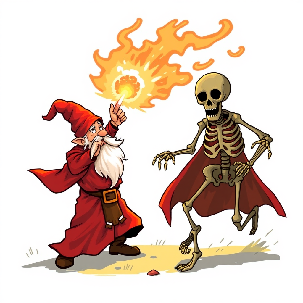 A gnome wizard with red robes casting a fireball at a skeleton that is running towards him.