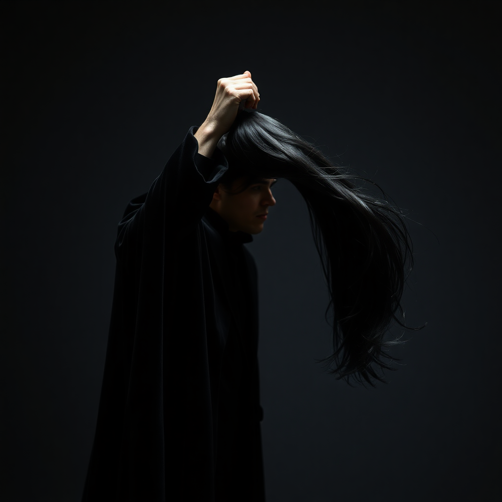 In a dimly lit performance space, the atmosphere is charged with an eerie tension as a magician dressed in a dramatic black velvet cloak executes a chilling illusion. The spotlight shines down, illuminating the stark gray backdrop that envelops the scene in a minimalist aesthetic. At the center, he reveals the severed head of a stunning female magic assistant, her long, flowing hair cascading like silken waves around her lifeless face. The contrast of her vibrant, raven-black locks against her ivory skin creates a haunting tableau.

He grips her hair with a commanding hand, raising her head to the camera with unsettling arrogance, his fingers entwined within the strands as though they are an extension of his own power. As he leans down to plant a lingering kiss on her lips, an air of macabre intimacy hangs heavy in the room, eliciting gasps from an unseen audience, their breath collectively held in awe and horror. The subtle rustle of fabric accompanies his movements, and the faint scent of the magician’s musky cologne permeates the air, mingling with a hint of intrigue.

Dark, dramatic shadows dance across the plain setting, heightening the surreal quality of the performance, as if time has momentarily frozen in this poignant, yet grotesque moment of magic and mastery. The silence is palpable, broken only by the soft thud of the magician’s heart echoing in his chest, a rhythm that underscores the uncanny artistry of his illusion.