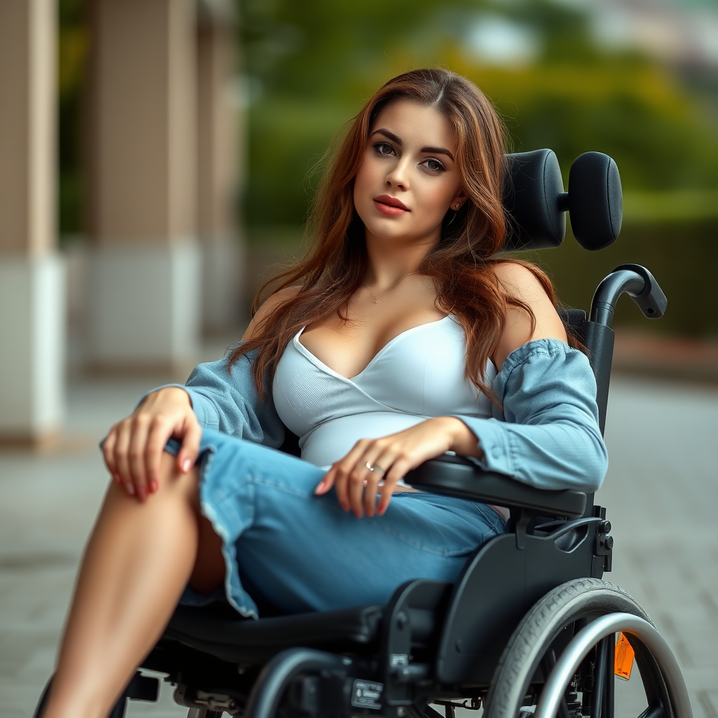 A woman in her twenties, sitting in an electric wheelchair. Provocative pose.