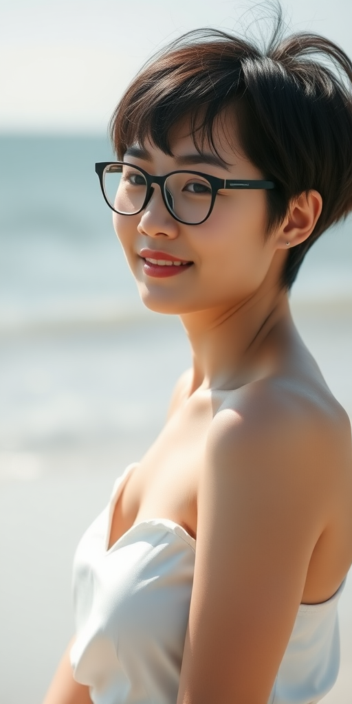 A Chinese woman, wearing glasses, with short hair, gentle and generous, a bit plump, with full thighs, a full bottom, A cup size, sunshine, beach, sea, full body shot, beauty.