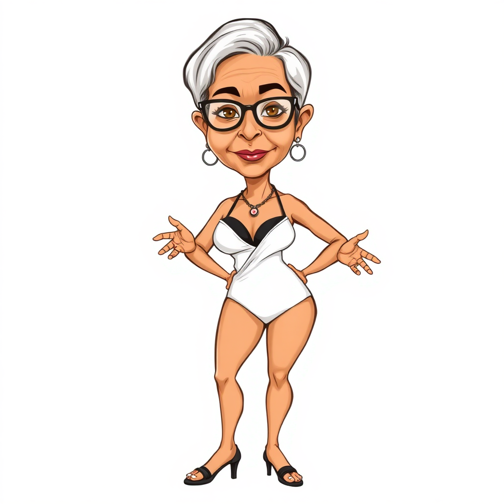 a towering 55 Years old, fit, slim, European, Latina, sharp aquiline nose, wrinkles, high cheekbones, Middle Eastern, Skinny, Tanned skin, Dark light skin, Rounded Medium breasts, Skinny thighs, full Makeup, jewelry, Serious face, Sharp nose, Ash hair, short bowl haircut, Brown eye color, Glasses, with detailed features. Hands on hips, she is wearing black balconette bras and a white open front high cut one piece slingshot swimsuit, detailed fabric. full body, high heels sandals, she is gesturing at the viewer, long establishing shot, 2D, caricature, cartoon, Sketch lines, coloring book, nlack and white, coloring book style on white background, well composed, clean coloring book page, No dither, no gradient, strong outline, No fill, No solids, vector illustration, realistic proportions