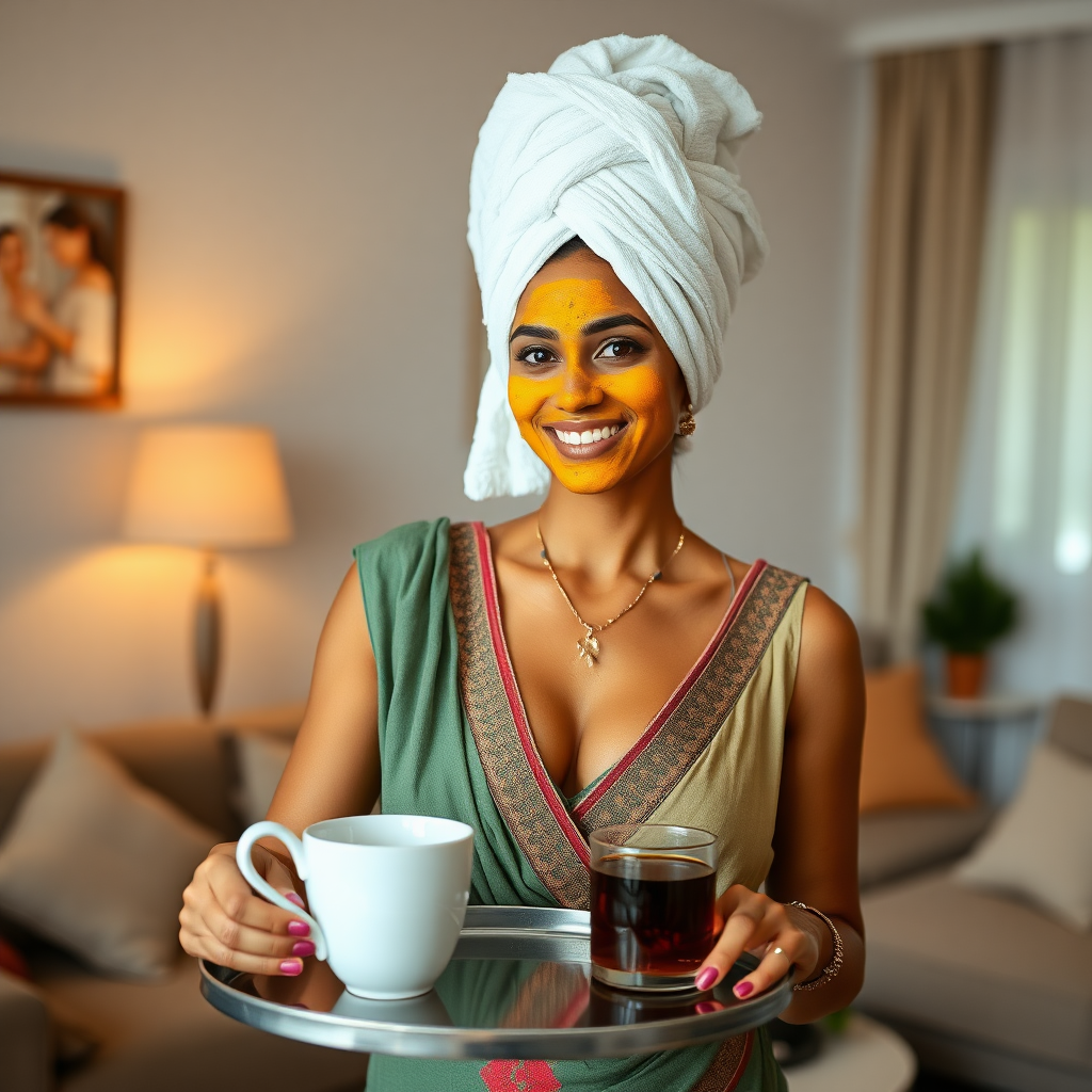 slim, 30 year old, indian Bride, towel head, turmeric face mask. She is smiling and serving coffee on a tray in living room.