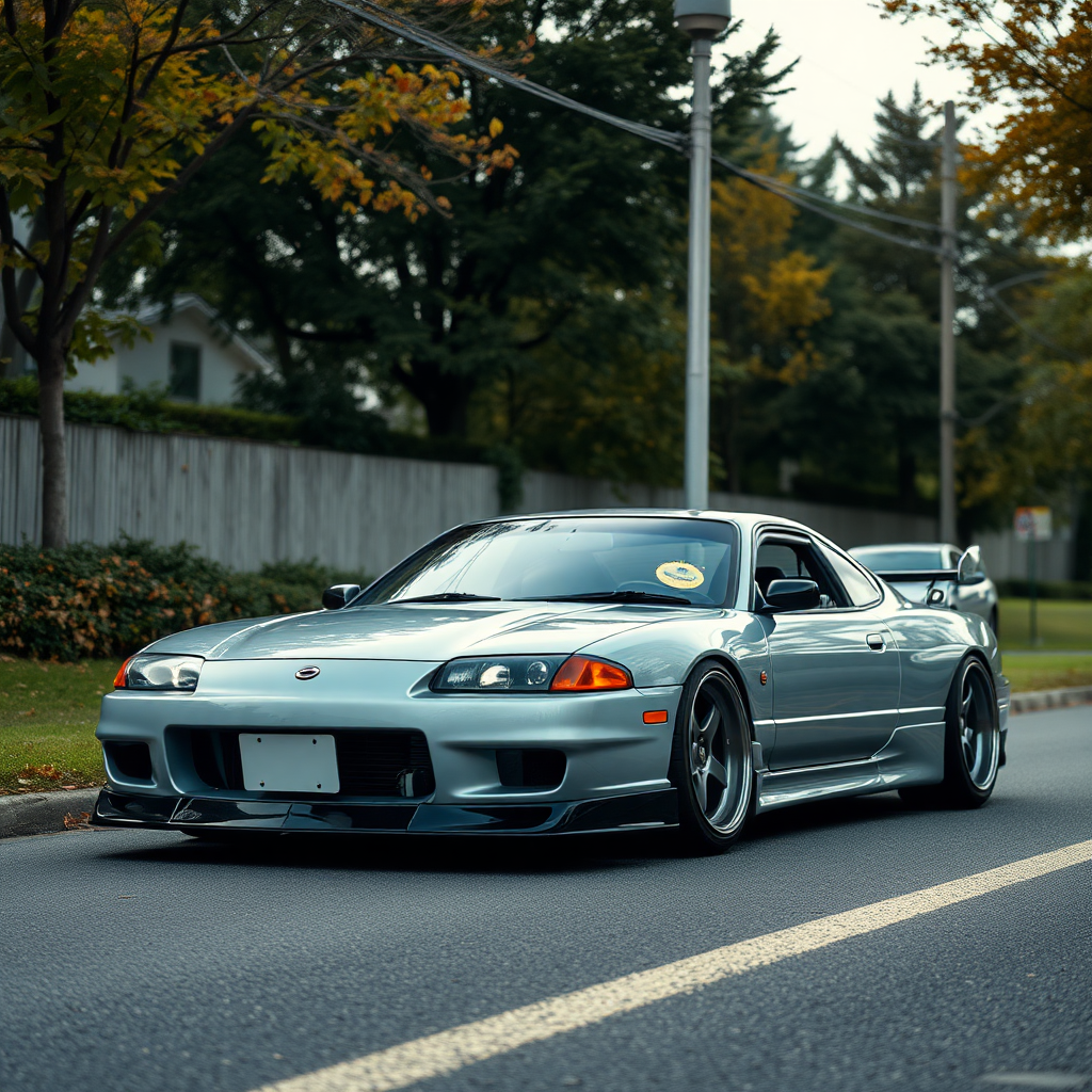 nissan silvia s14 the car is parked on the side of the road, inspired by Taiyō Matsumoto, tumblr, restomod, nd4, c4