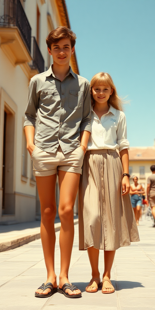 Vintage photo, 1980s. Hot summer. Spain. A tall skinny 13yo teen boy wearing short shirt, tight booty shorts, long legs, bare thighs. With a girl wearing shirt, long skirt. Full length view.