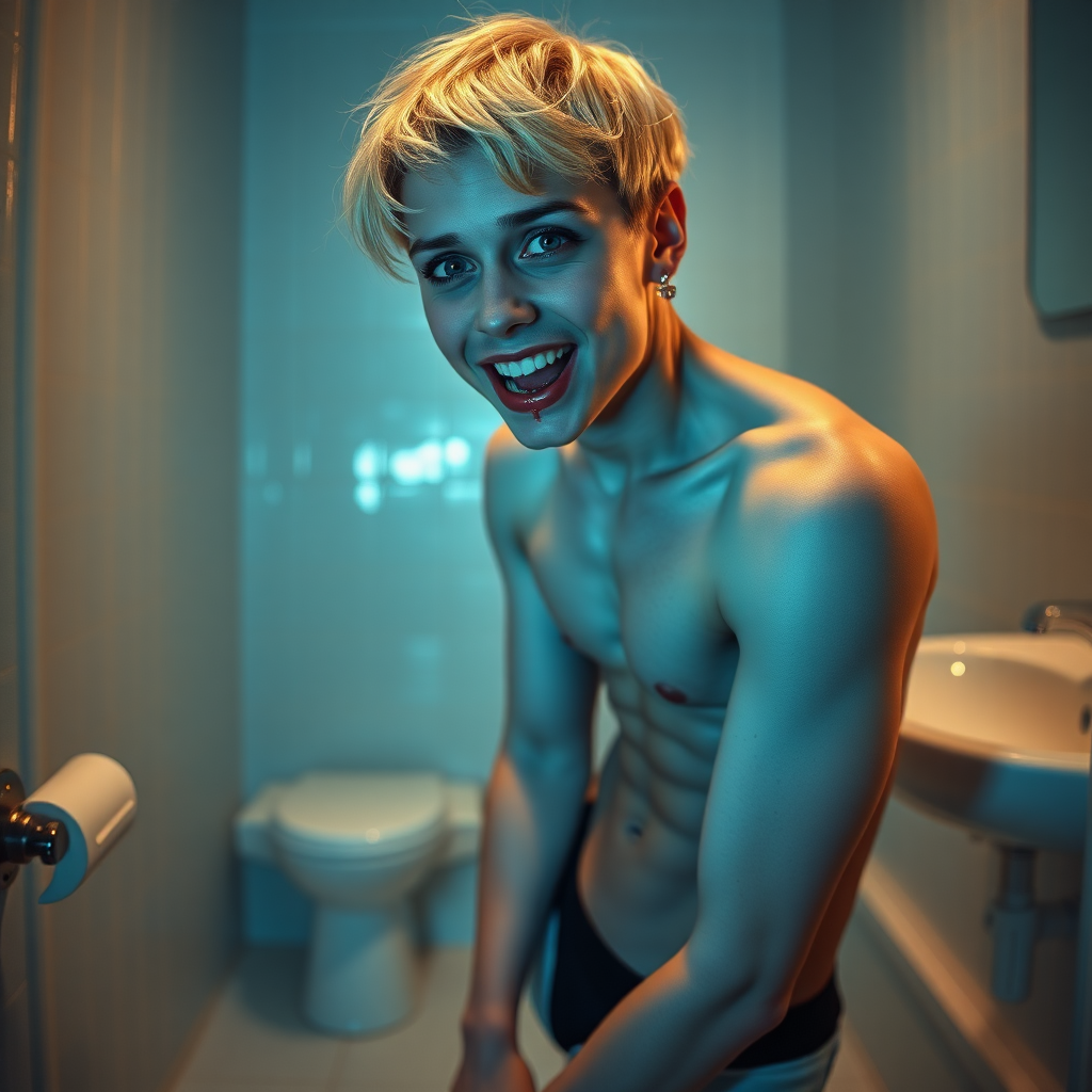 photorealistic, ultra high resolution, 16K, surreal fantasy, studio lighting, a pretty 16 year old goth boy, slim male physique, short blonde hair, goth makeup, earrings, pantyhose, white ballet shoes, in the bathroom, excited smile, facing the camera, drooling from his mouth