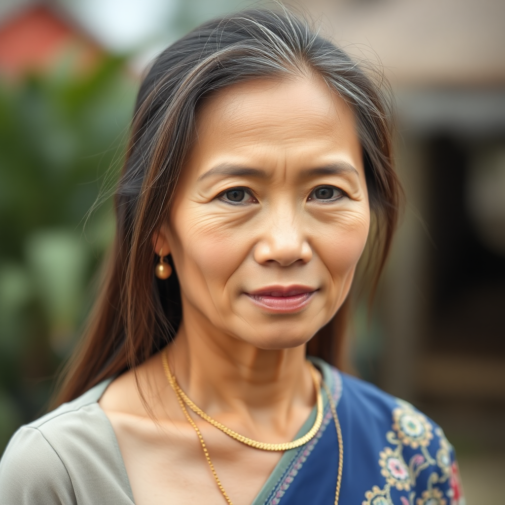 A 45 Year young North-East Thai Woman with uncolored long straight Hair and a fine Gold chain.