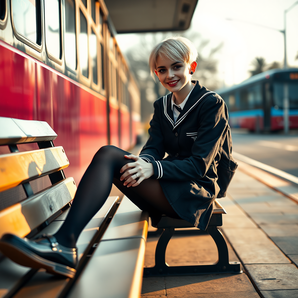 photorealistic, ultra high resolution, 16K, surreal fantasy, soft studio lighting, a pretty 18 year old goth male, slim male physique, short blonde hair, goth makeup, earrings, shiny black pantyhose, UK girls-school uniform, Mary-Jane shoes, sitting on a bench waiting for the school bus, in daylight, excited smile, facing the camera.