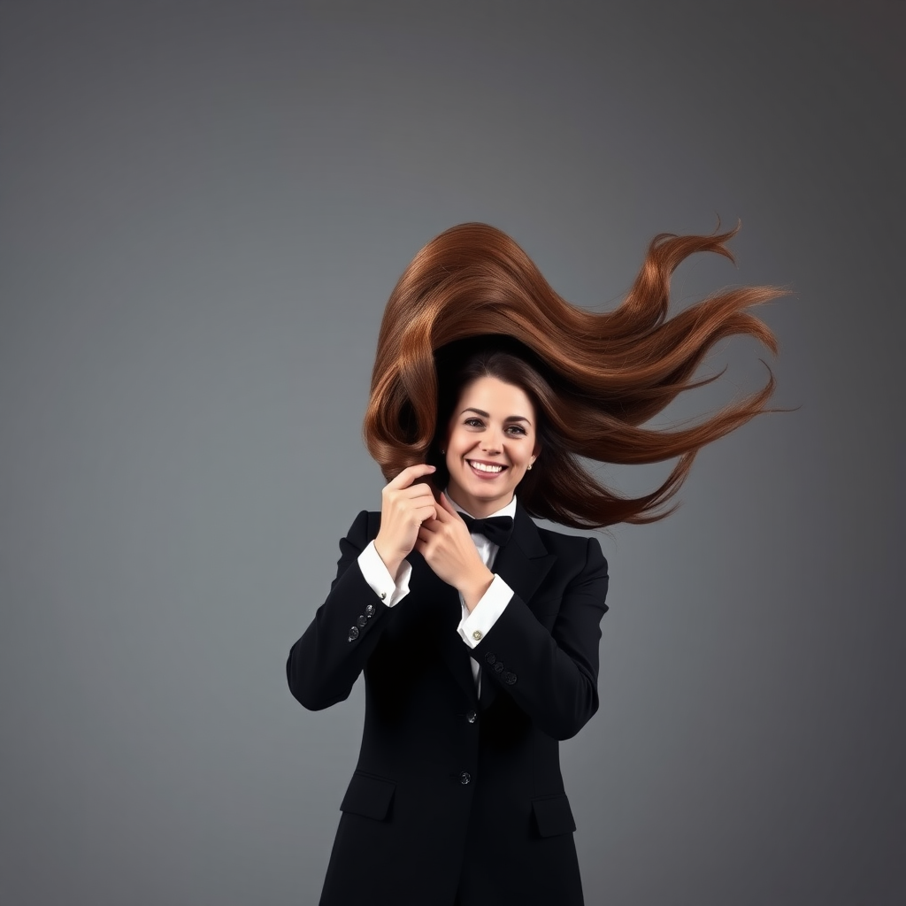 A surreal image of a magician holding up the disembodied head of a very long haired Kate Middleton. He is grabbing her by her long hair and holding up her head high in the air to display it to the camera. Plain gray background.