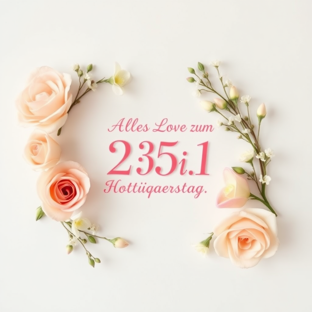 Create a soft, elegant image for a 24th wedding anniversary with a subtle 25-1 motif, blending celebration and love. Include delicate flowers, such as roses or lilies, arranged around a message that reads: "Alles Liebe zum 25-1. Hochzeitstag". Incorporate soft pastel colors, like pinks, creams, and whites. The overall vibe should be warm, romantic, and joyous.