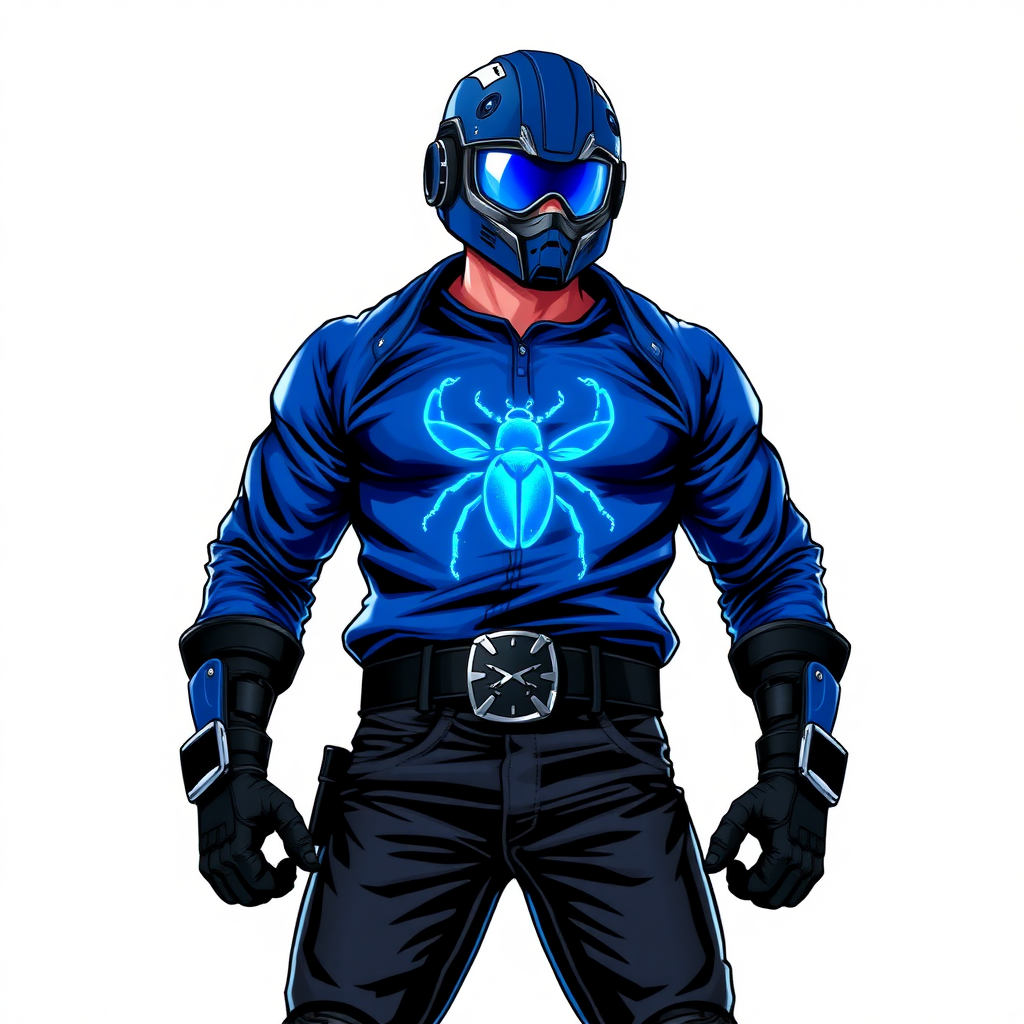 A 28-year-old hi-tech cyberpunk vigilante stands heroically, clad in hi-tech, maximum blue leather shirt featuring a neon blue beetle on the chest. He wears black biker pants, a black belt with a sapphire beetle buckle, and a helmet resembling a sleek, tactical design, but colored maximum blue with neon blue lenses. Their hands are protected by black hi-tech gloves, all set against a solid white background. He is drawn as if he was in a retro 2D cyberpunk fighting game.