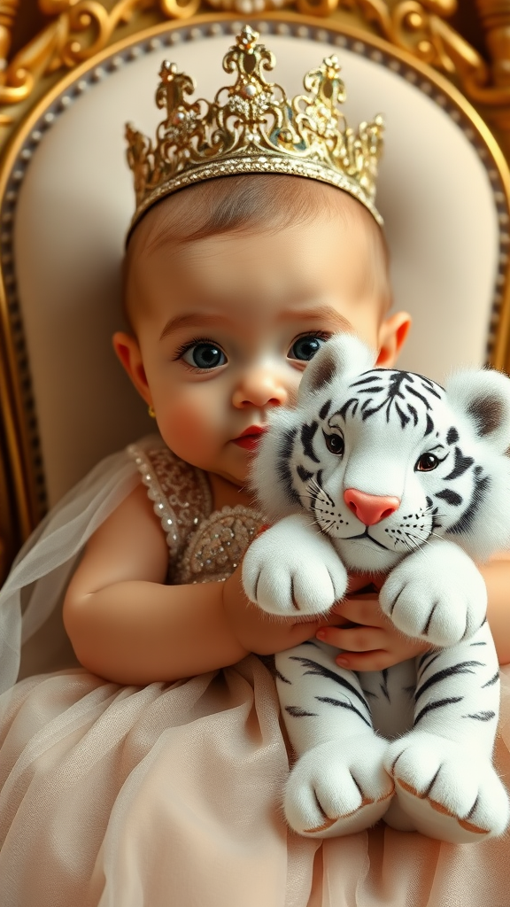 A cute small chubby fair baby with big eyes, pink lips, and pink cheeks, wearing a royal sparkling frock, sitting on a throne holding a white fluffy cute tiger.