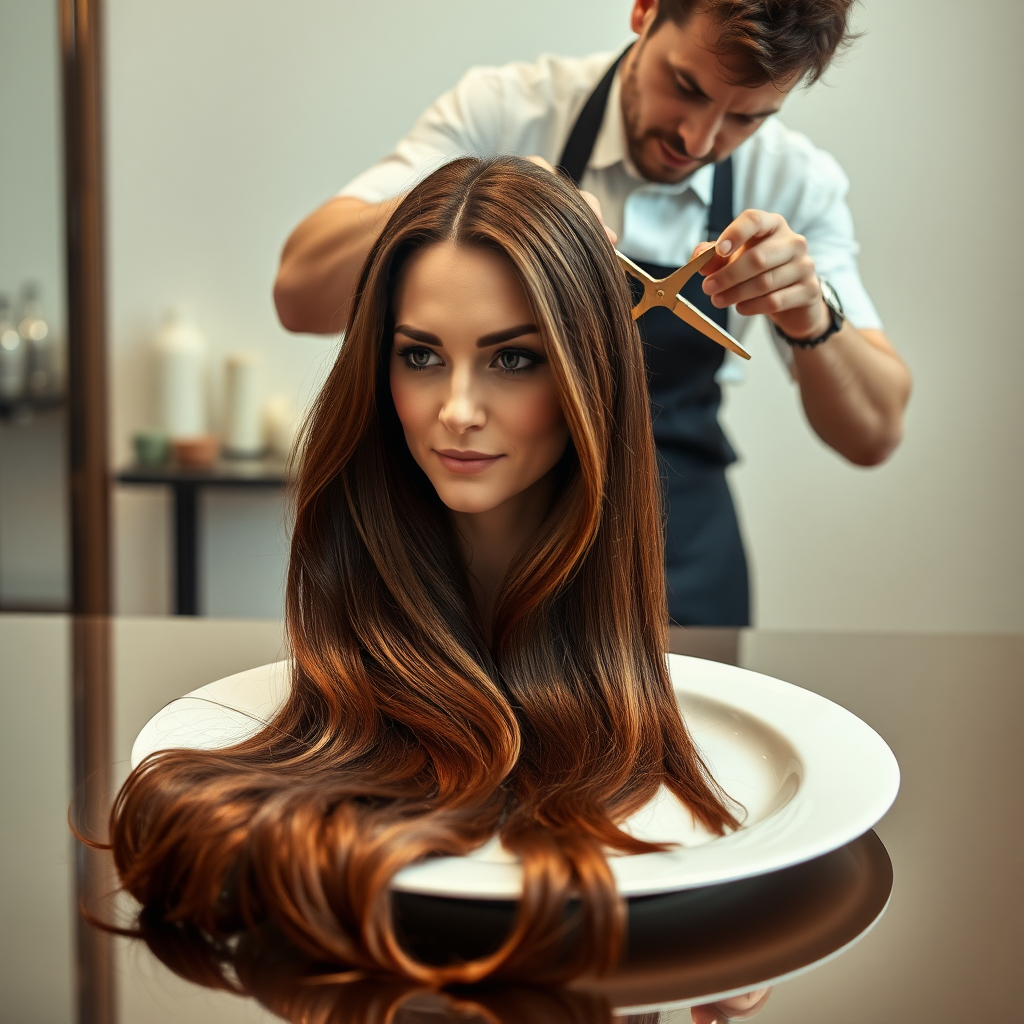 In a bizarre, surreal tableau, the polished surface of an elegant dining plate cradles the disembodied head of a strikingly beautiful Kate Middleton, her long, flowing hair cascading like a glossy waterfall of deep chestnut and honey highlights. The hair is luxuriously arranged, strands shimmering under the soft, ambient light that bathes the scene in an ethereal glow.

A skilled hairdresser, clad in a sleek black apron, stands poised with a pair of gleaming scissors, carefully trimming the endlessly luxurious locks that frame Kate's serene, almost ethereal features. The air is thick with the scent of salon products mingling with delicate hints of floral fragrances, creating an unusual yet strangely inviting atmosphere. The hairdresser's focused expression reveals a meticulous dedication as snippets of hair fall gracefully onto the pristine plate, echoing a sense of both artistry and absurdity.

The overall emotional tone conveys a dreamlike quality, inviting viewers to ponder the juxtaposition of beauty, identity, and the bizarre circumstances that bind them in this extraordinary moment.