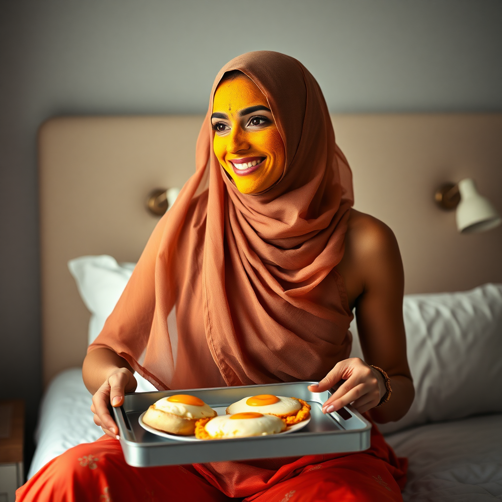 slim, 30 year old, sexy, indian wife, face veil, turmeric face mask. She is smiling and serving breakfast on a tray on bedside table