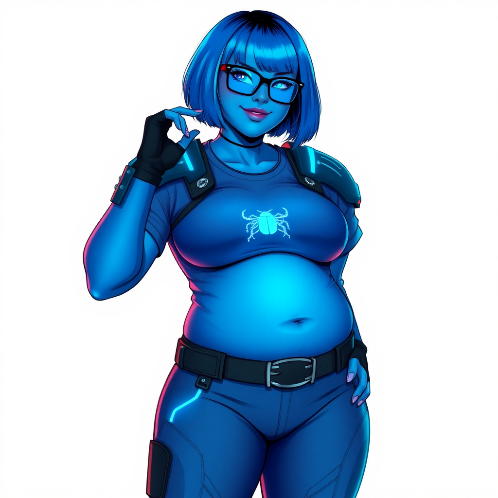 A 28-year-old, full-figured, metallic maximum blue (5PB 5/10) skinned computer program hybrid with a maximum blue bob cut. She has a non-athletic build, highlighted by a prominent, round, large midsection (with heavy emphasis on her belly), which shows the effects of her love of junk food acquired from her boyfriend. As the full-figured, nerdy, digital sidekick to her cyberpunk vigilante boyfriend, her metallic maximum blue skin and maximum blue lipstick (5PB 5/12) emphasize her digital nature. Her skin has a subtle, animated glow, with digital patterns occasionally flickering across it, making her digital nature obvious. She wears a digital, computerized costume, consisting of a huge, tight-fitting, maximum blue t-shirt (5PB 5/12) with a neon blue glowing chest icon of a beetle, hi-tech shoulder pads with neon blue accents, a black hi-tech belt with a digital neon blue glowing buckle, digital maximum blue pants (5PB 5/12) with neon blue accents, and black hi-tech fingerless biker gloves with neon blue glowing accents. Her neon blue glowing eyes, black eyeglasses with neon blue glowing lenses equipped with a built-in HUD, and bashful smile with neon red blush accentuate her nerdiness. She stands bashfully with one hand behind her back and the other hand gently touching her cheek, her costume covering all her skin and fully emphasizing her full-figured physique (especially her belly). She is clearly non-athletic, with a focus on her full-figured physique. Despite her build, she radiates beauty. She has a slim face compared to her physique, accentuating her radiant beauty. She is on a solid white background. She is drawn as if she were in a retro 2D cyberpunk fighting game. Ensure her skin has a maximum blue (5PB 5/10) skin tone.