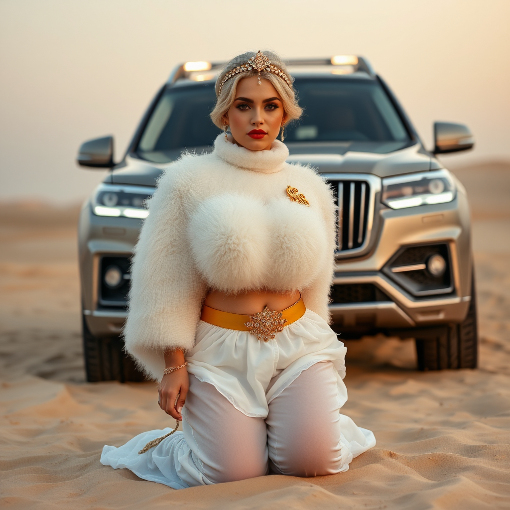 Kuwait desert dunes misty dawn, full size luxury SUV: Melissa, European 17 years old very convincing femboy “trophy-bimbo”, tamed servile docile, very beautiful feminine flawless face, rather short, by hormones very curvaceous womanly figured, platinum blond short tight curls, bold red lips, heavily made-up face, wearing Supertanya-style fluffy very fuzzy bright white angora turtleneck-poncho cropped ending under bust decorated with pearls and gemstones, striking oriental wide gold bridal protection belt, white fully transparent harem pants, full Oriental bridal jewelry with striking headpiece, full Oriental face-jewelry, coin anklets, striking diamond “$$$” letter brooch on left chest, pout frustrated, hands tied behind back, kneeling in sand in front of SUV, looking at camera. Focus on face and turtleneck-poncho.