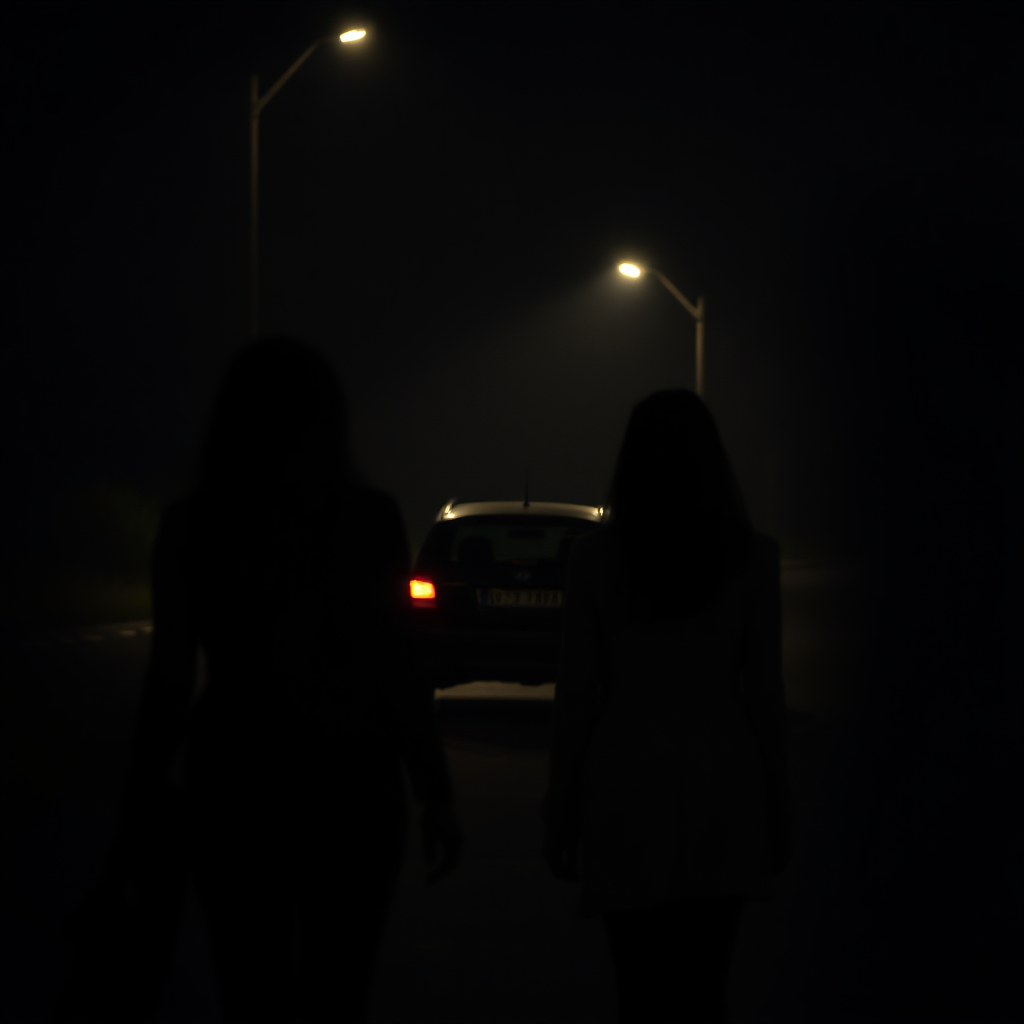 Moody picture of a lady of the night. They are walking towards a parked car, which is facing the other way. Prominent street lighting.