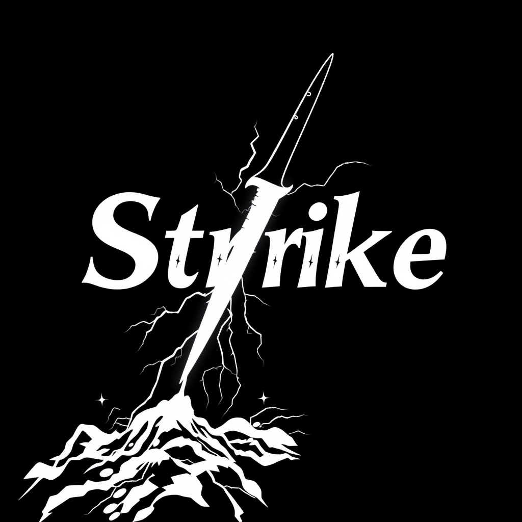 "Strike" with a sharp fort on a black background and with font. Make it with some lightning motives. Black and white