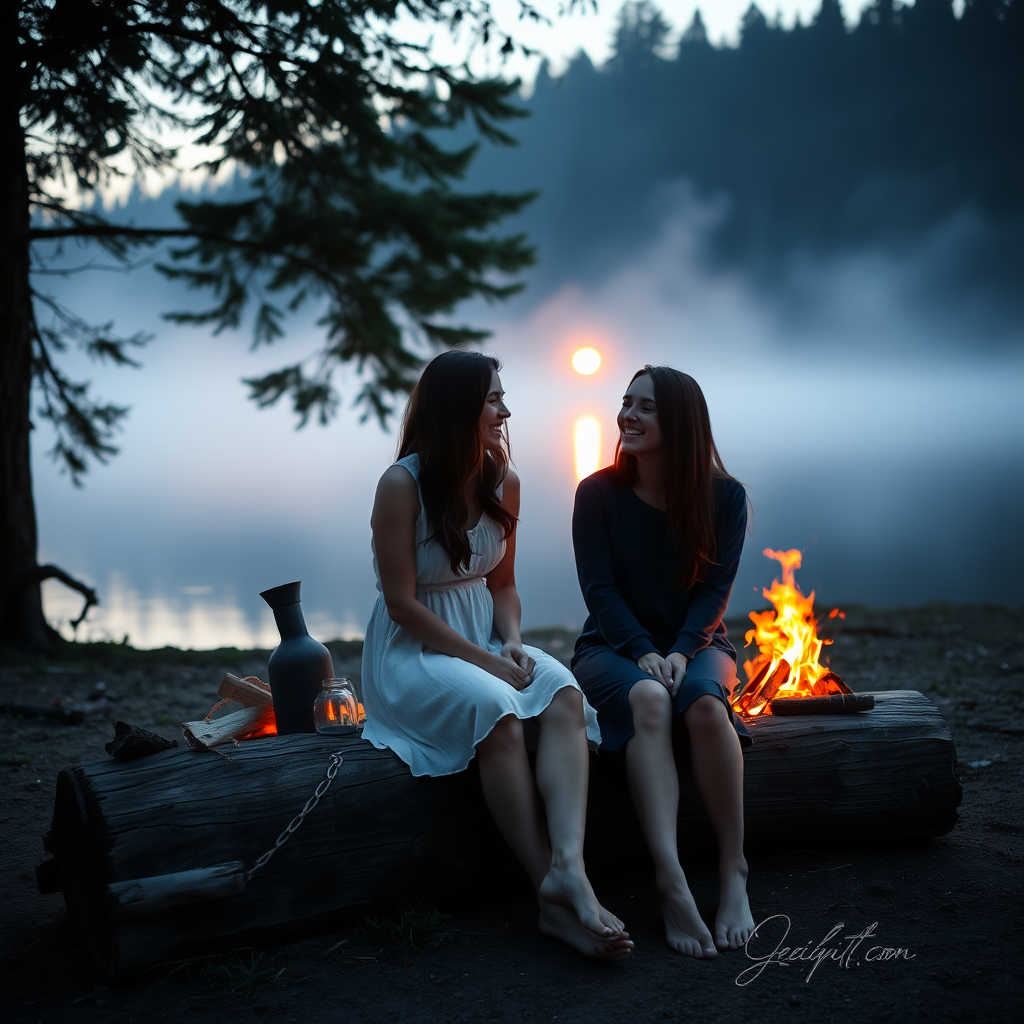 A young woman and her friend sitting on a trunk next to a fireplace at the shore of a lake. She has long brunette hair. She is wearing a dress. Barefoot. They are laughing together. The sinking sun is falling through the trees. A little fog is rising from the lake. Light like in a fairy tale, a bit mystic. Photo.