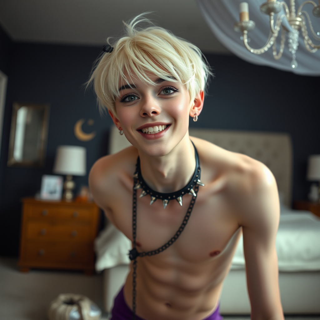 photorealistic, ultra high resolution, 16K, surreal fantasy, studio lighting, a pretty 14 year old goth male, slim male physique, short blonde hair, goth makeup, earrings, glossy purple pantyhose, white ballet shoes, spikey neck collar and leash, in the bedroom, excited smile, facing the camera.