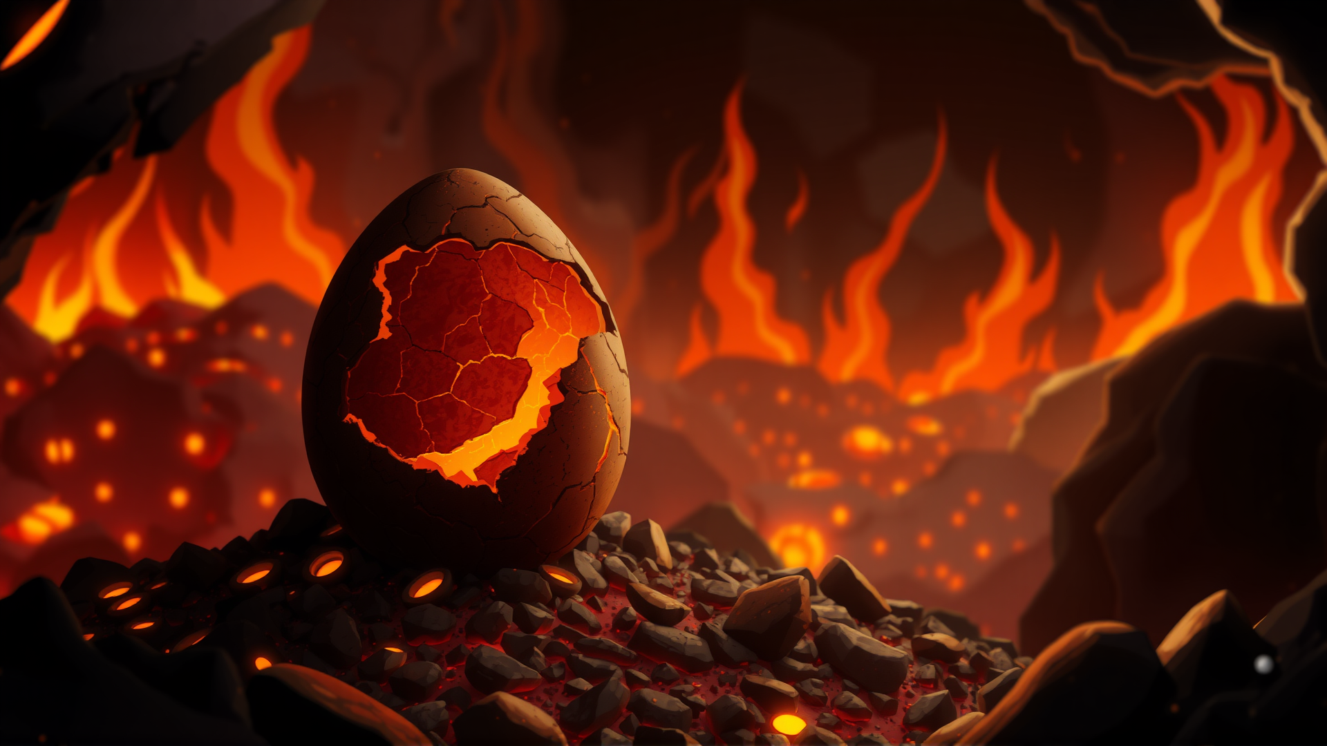 photo, perfection style, a digital art illustration depicting a charred egg sitting on a pile of cinders in a cave full of lava and lit by the fires. The egg is covered with cracks glowing from the inside.