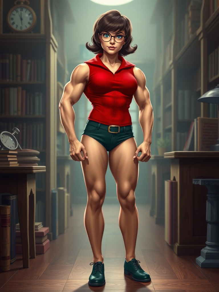 Create a full-length photorealistic image of a composite character featuring Velma Dinkley, utilizing the inverted triangle body type typical of a male bodybuilder. Maintain Velma's original head, hairstyle, and facial features. Preserve and adjust her classic costume to fit her new body structure. Design a background that draws inspiration from Velma's character, incorporating elements like bookshelves, magnifying glasses, or other mystery-solving motifs to enhance the scene's context.