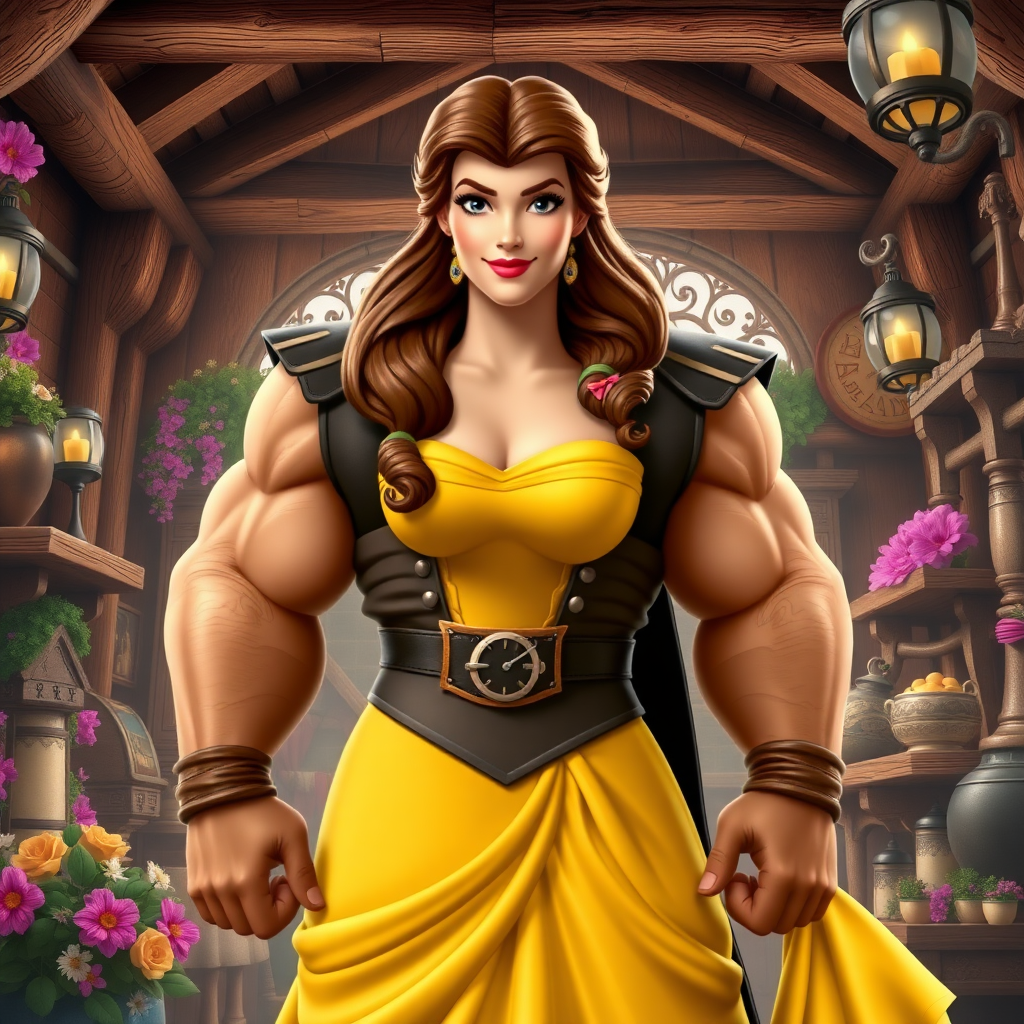 Create a full-length photorealistic image of a mashup character featuring Belle's head and hairstyle on Gaston’s muscular body. Retain Belle’s facial features and iconic yellow gown, adjusted to fit Gaston’s physique. The background should combine elements of Belle’s vibrant village and Gaston’s rustic tavern, showcasing wooden beams, flowers, and enchanted objects. Highlight the contrast between the enchanted world and Gaston’s rugged charm, creating a dynamic scene that brings both characters to life while emphasizing their distinctive traits.