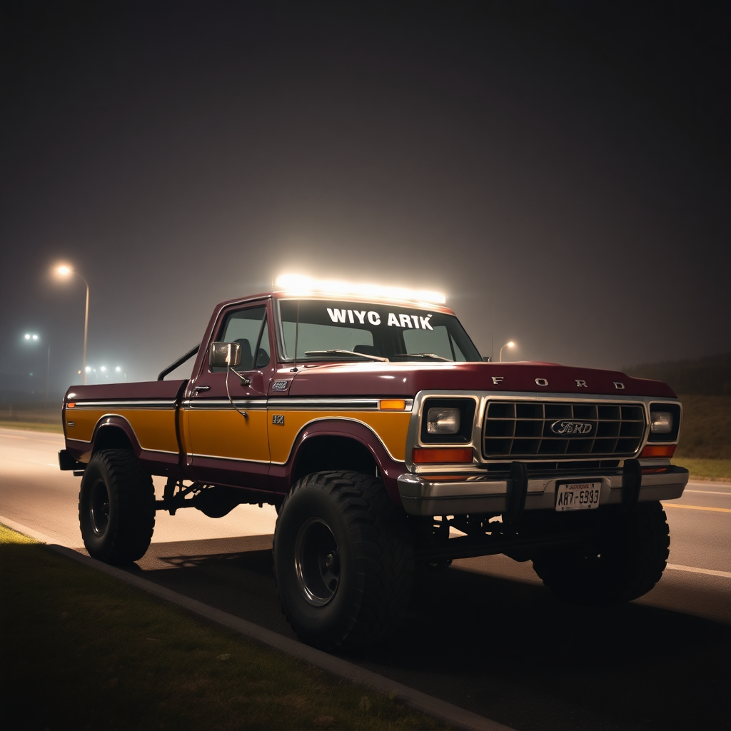 the car is parked on the side of the road, inspired by Taiyō Matsumoto, tumblr, restomod, nd4, c4 ford 4x4 pick-up monster truck light bar