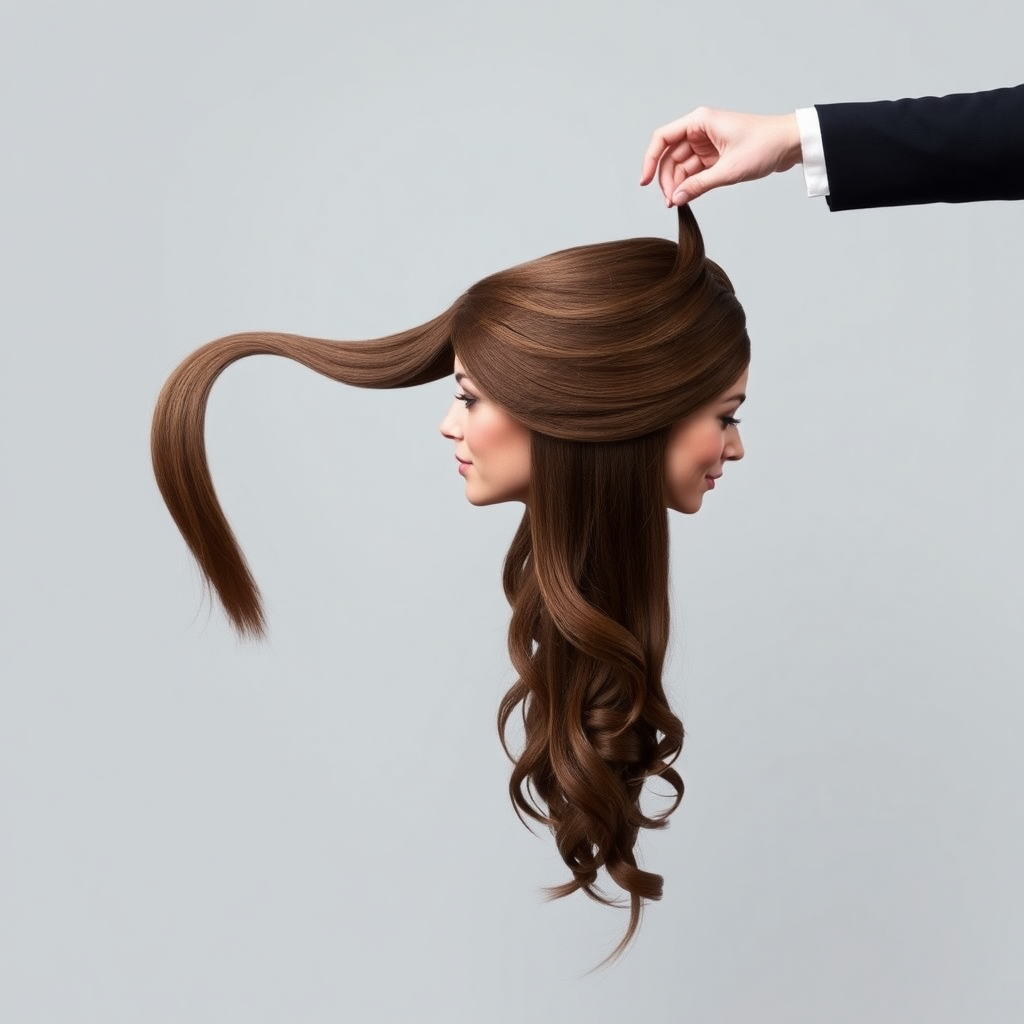 A surreal image of the beautiful disembodied head of a very long-haired Kate Middleton. A hand is grasping the ends of her hair and her head is hanging from the other end. Plain gray background.