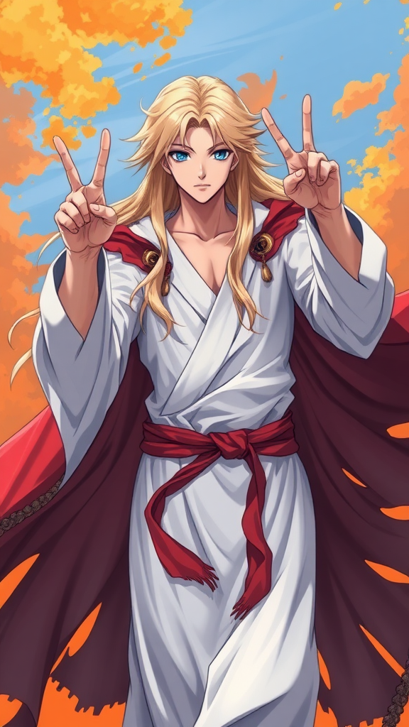 young man, feminine, long blonde hair, blue eyes, flowing white robe, hands, peace sign hands, flowing red burned tattered cape, levitating. orange and blue background. epic heroic pose, fantasy, masterpiece, HD, 8K, High Contrast
anime, anime style