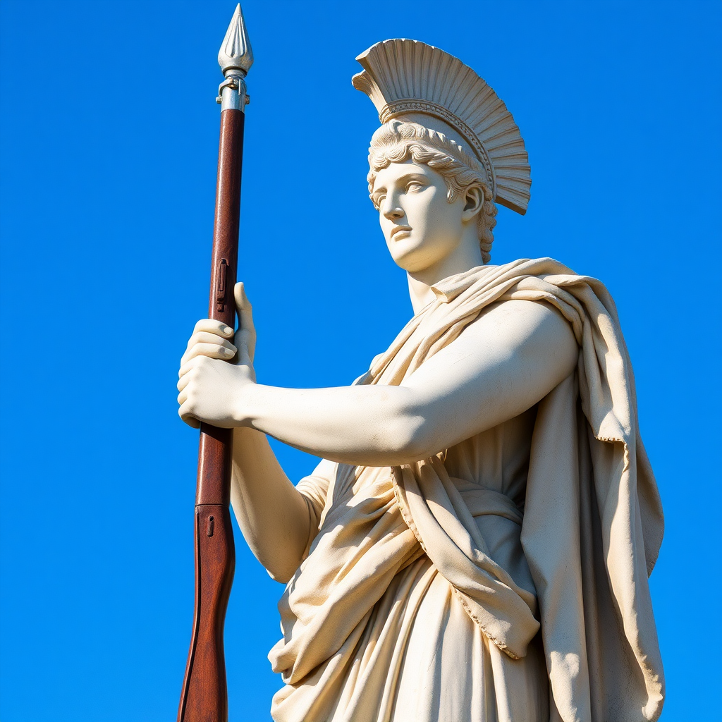 Art. Roman statue with a rifle in the same color as the statue posing.