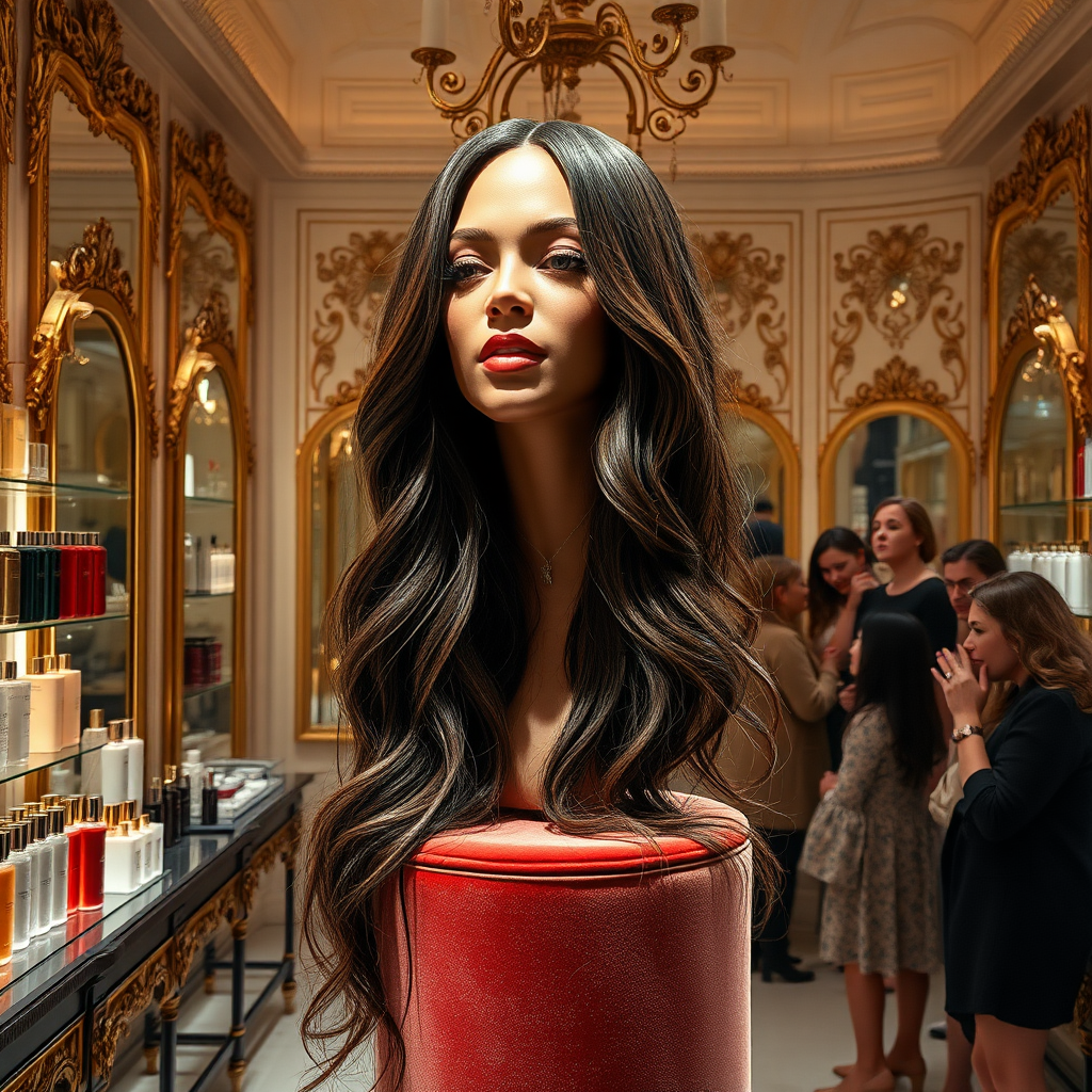 In a well-lit boutique dedicated exclusively to long hair fetishism, a surreal centerpiece draws curious eyes: the disembodied head of a legendary pop icon, Beyoncé, her flowing locks cascading down like a waterfall of silk. Each strand appears meticulously styled, shimmering under the flickering light, with deep, glossy ebony hues that catch the eye and evoke a sense of both wonder and intrigue.

The head is displayed prominently on a plush velvet pedestal, surrounded by an array of hair care products, ranging from luxurious oils to shimmering hair sprays, all designed to emulate her iconic look. The shop is filled with an intoxicating mix of enticing scents, combining floral perfumes with the faint aroma of hair products, creating a sensory experience that pulls customers into this unique world.

As patrons enter, the soft hum of ambient music plays in the background, enhancing the atmosphere of exclusivity. Adorned with intricate mirrors and soft, flattering lighting, the store exudes a sense of luxury, inviting customers to explore not just a product, but a fantasy.

Nearby, a small group of enthusiasts whispers excitedly, their voices tinged with admiration and a degree of disbelief at the sheer oddity of the display. Emotions range from playful curiosity to profound admiration, as they engage in animated discussions about hair, beauty, and the allure of celebrity culture, all while being captivated by the breathtaking vision before them.