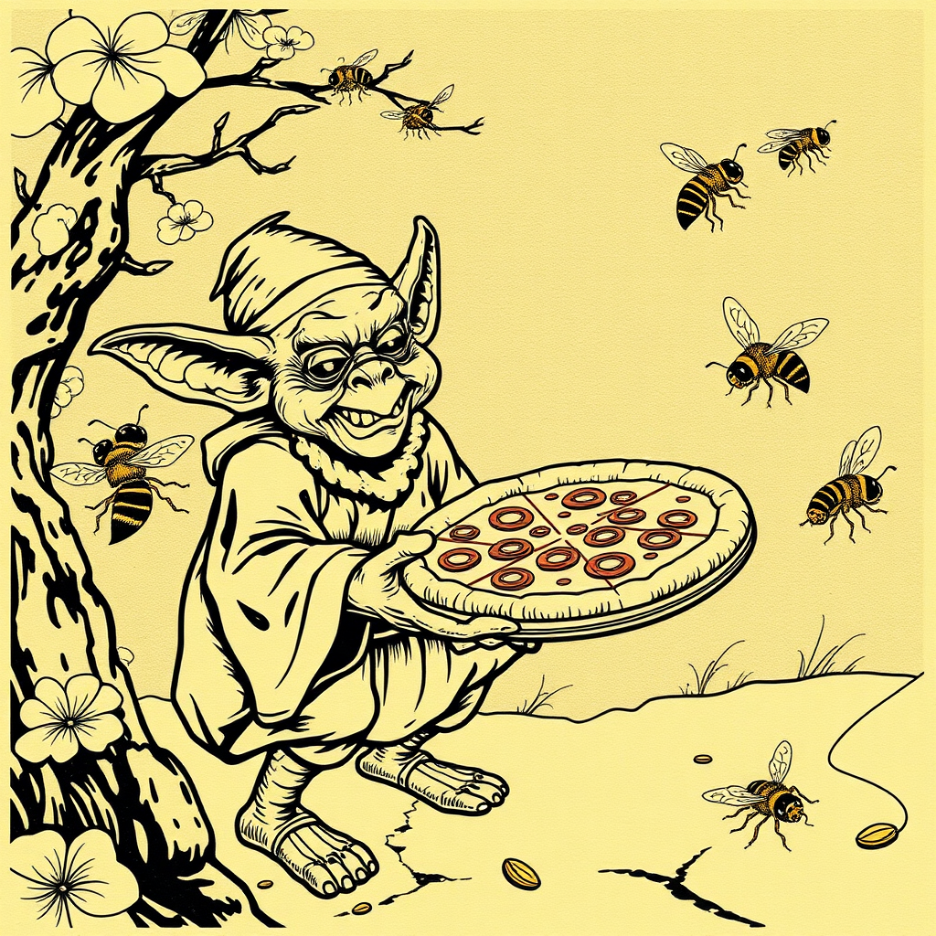 A goblin delivering pizza to bees, Chinese woodcut