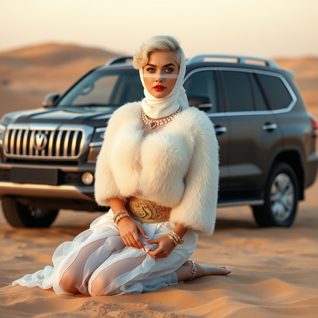 Kuwait desert dunes misty dawn, full size luxury SUV: Melissa, European 17 years old very convincing femboy “trophy-bimbo”, tamed servile docile, very beautiful feminine flawless face, rather short, by hormones very curvaceous womanly figured, platinum blond short tight curls, bold red lips, heavily made-up face, wearing Supertanya-style fluffy very fuzzy bright white angora turtleneck-poncho cropped ending under bust decorated with pearls and gemstones, striking oriental wide gold bridal protection belt, white fully transparent harem pants, full Oriental bridal jewelry including headpiece, face partly covered by white transparent harem-style face veil, coin anklets, striking diamond “$$$” letter brooch on left chest, pout frustrated, hands tied behind back, kneeling in sand in front of SUV, looking at camera. Focus on face and turtleneck-poncho.