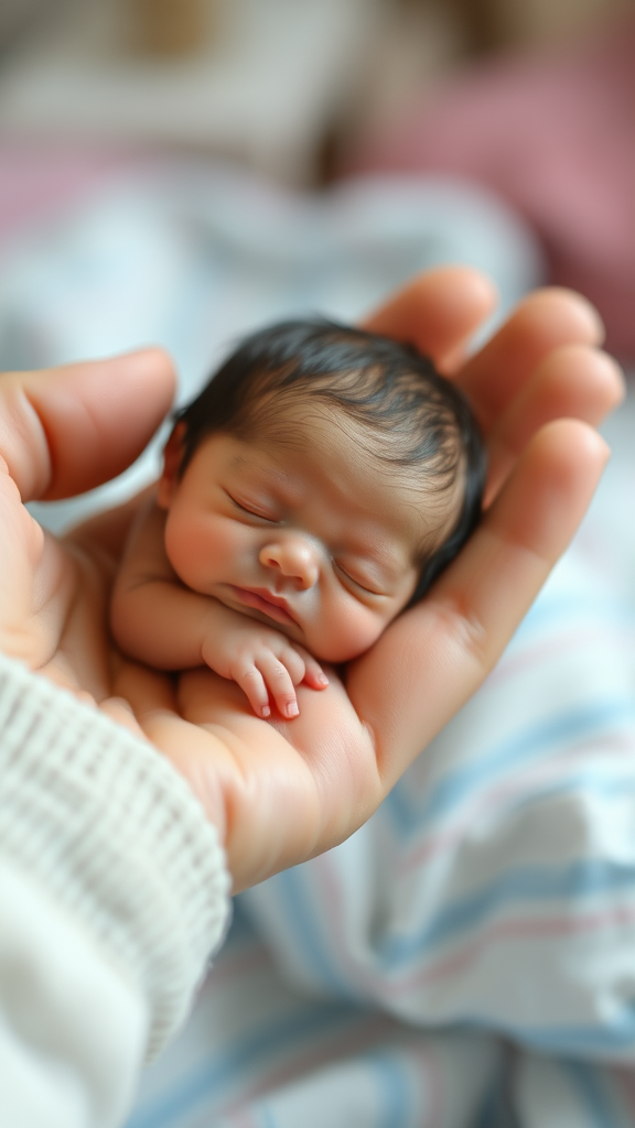 A cute mini little tiny miniature baby sleeping on hand