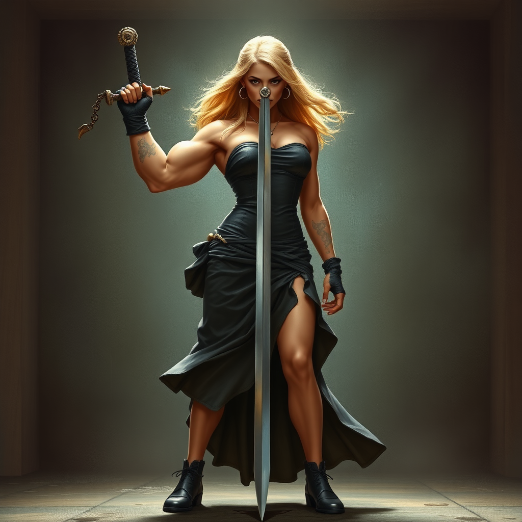 strong massive huge muscular bodybuilder girl, strapless dress, sword