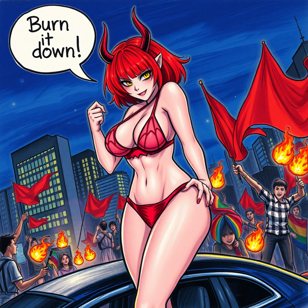 A anime drawing with crayons: A seductive hypersexual succubus woman, wicked smirk, speech bubble "Burn it down", short red hair, mega-colossal huge massive boobs/tits/breasts that can barely fit in a bikini stuffing her right-hand into/inside her thong to her vagina, standing on top of a car, horns, yellow eyes, sexy waist, full body, a city on night being overtaken by rioters with red-flags/LGBQT flags/and Fist