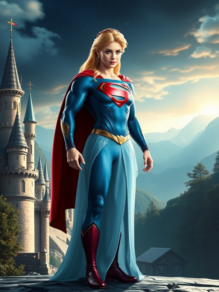 prompt: Generate a full-length image of Princess Aurora with the body type of Superman, while keeping her head intact. Make modifications to her body traits, such as enhancing her muscular structure, to match Superman's physique. Additionally, create an appropriate background that suits both characters, such as a blend of a fairytale castle and a futuristic cityscape. Please ensure the image is detailed, well-lit, and visually appealing.