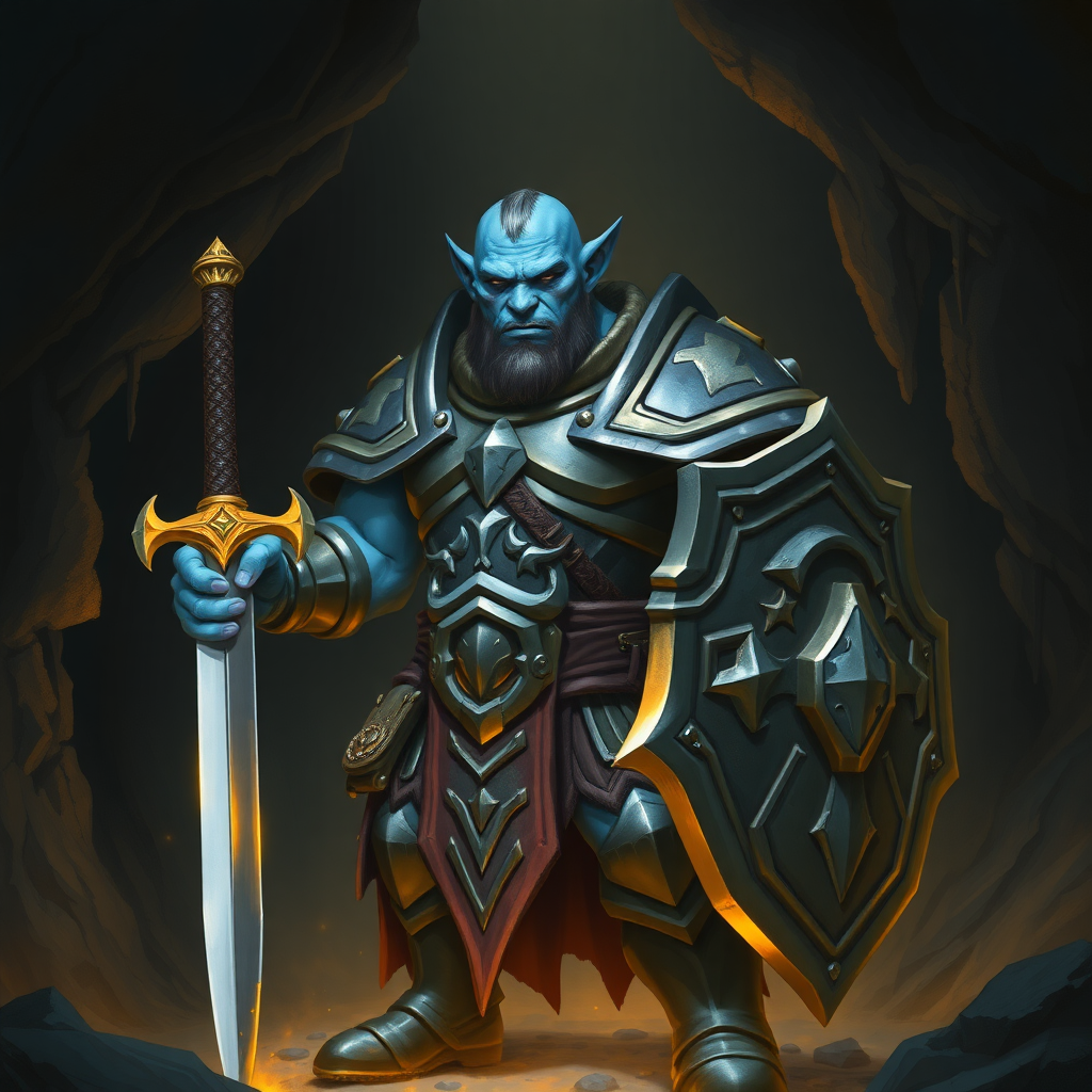 A blue skinned orc in metal armor with a sword and shield stands in a dark cave with a golden aura around him.