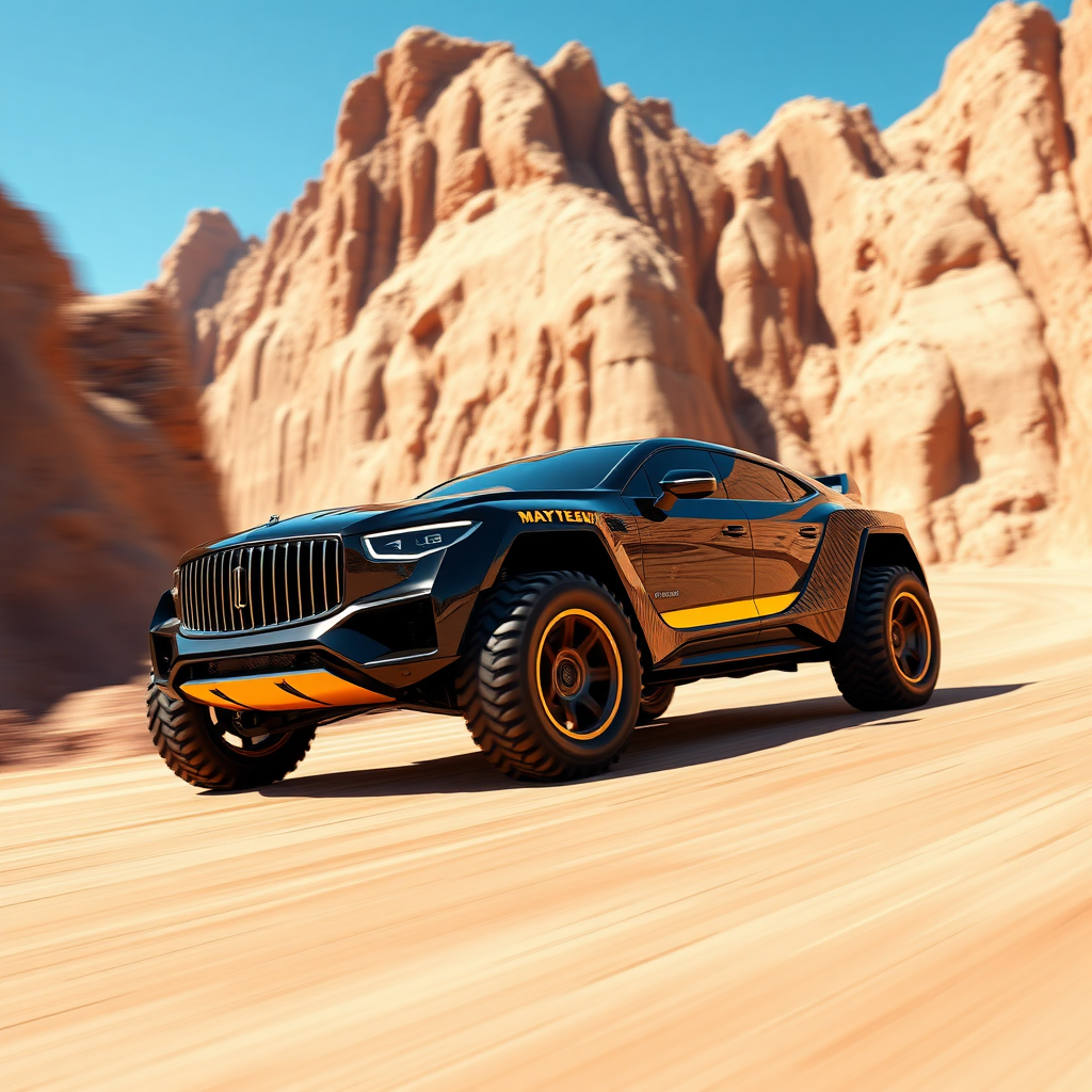 A 3D render of a futuristic Maybach supercar with off-road tires. The car is inspired by the and has a black and yellow color scheme. The car is driving through a canyon with steep cliffs. The background is clear blue sky.