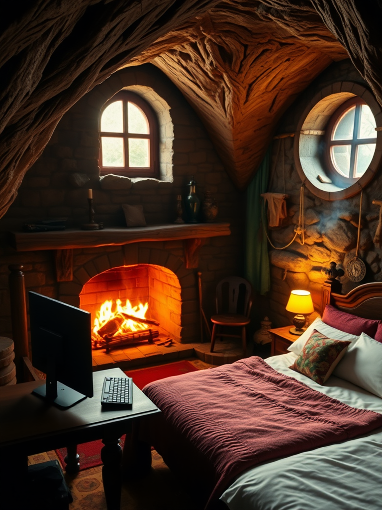 Cottage in a cave: rough stone walls, roaring fireplace, carved bedposts, warm blankets, solid wood computer desk, bright flames, wide windowsill, black computer, colorful cushions, cold rocks, golden flames, soft mattress, green curtains, vintage fireplace, mysterious cave, silver keyboard, white pillow, round hearth, worn brick walls, brown bed frame, techy mouse, smoking chimney, dim lighting, cold floor, thick duvet, exquisite murals, real, reality