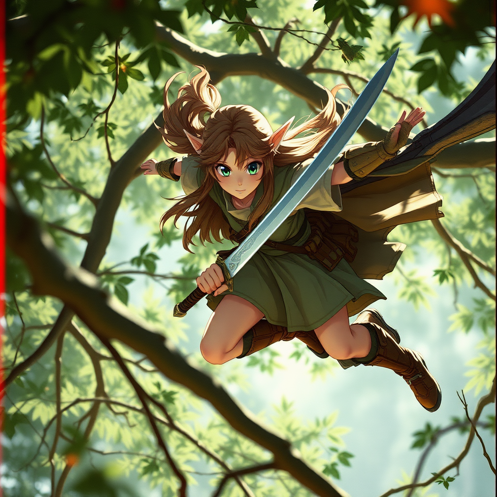 A twenty-something elf girl like (Deedlit from Record of Lodoss War), a character come to life. Flying through tree branches, sword in hand. Photo-real, film grain, lens flare, chromatic aberration.