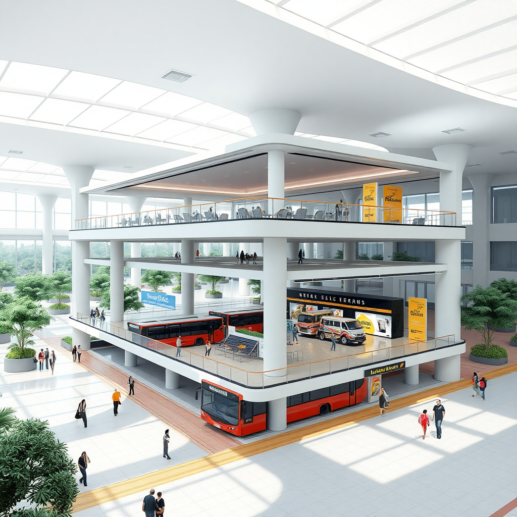 concept design of bus terminal with stilt floor and staggered flooring with 2 floors bus terminal should be open , fluid , public space with commercial space