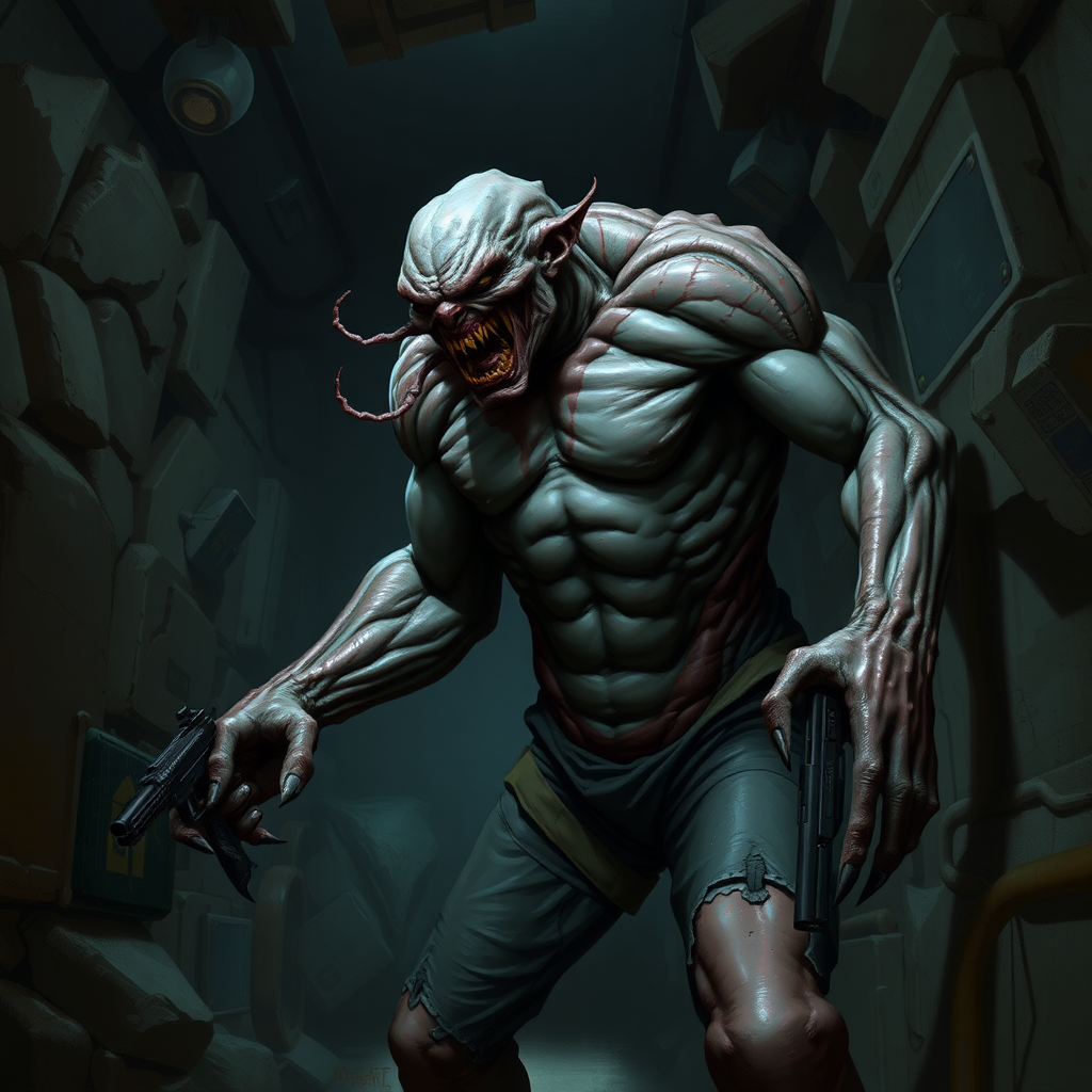 Sci-fi digital horror painting. Heavily mutated crew member, his body and limbs elongated and twisted while muscles ever tensing. Aggressive violent snarl on face. One hand has long sharp claws while the other looks relatively normal and has a pistol in it. Dark rocky industrial corridor.